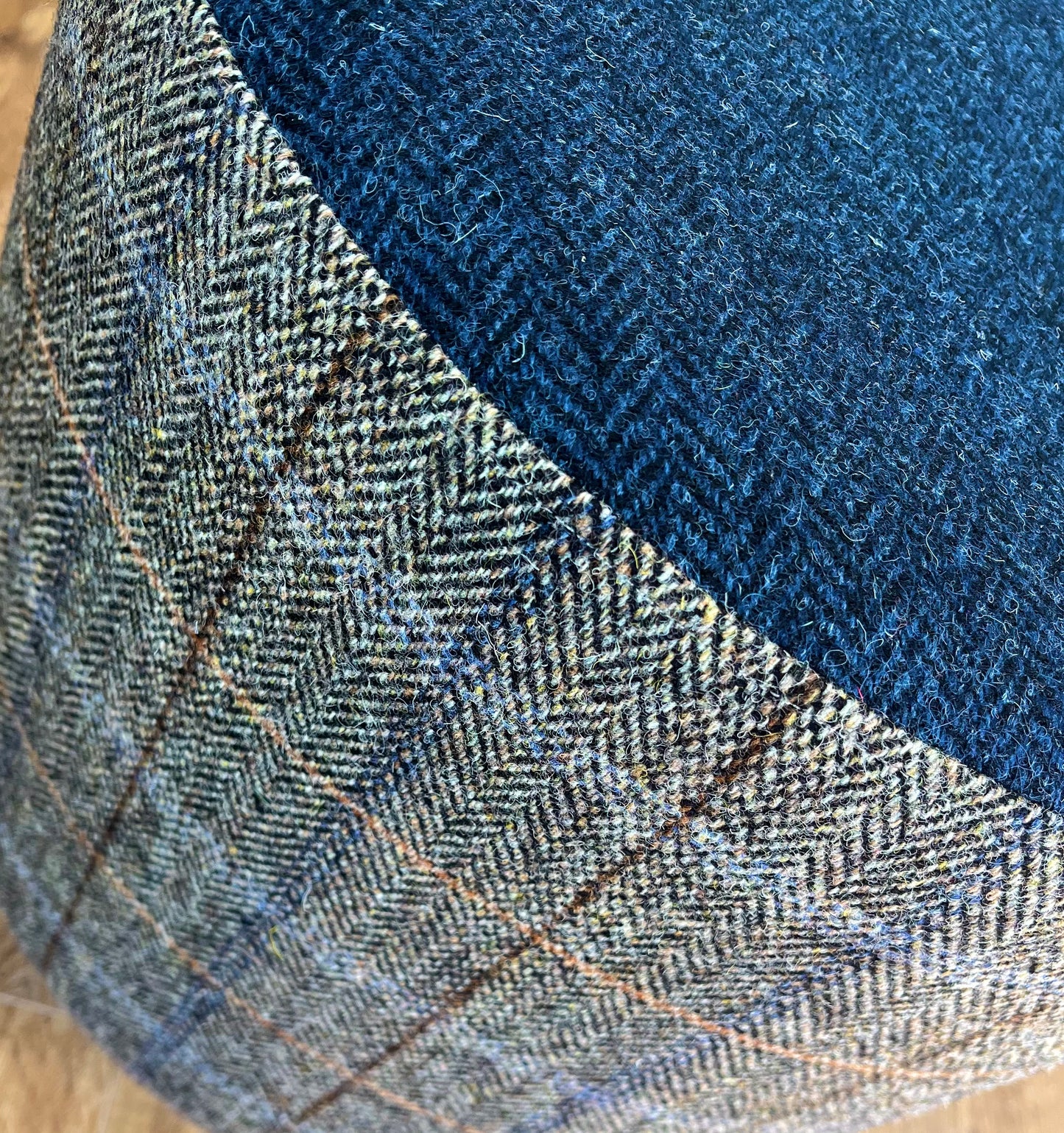 Overcheck and Navy Herringbone Harris Tweed Chunky Footstool