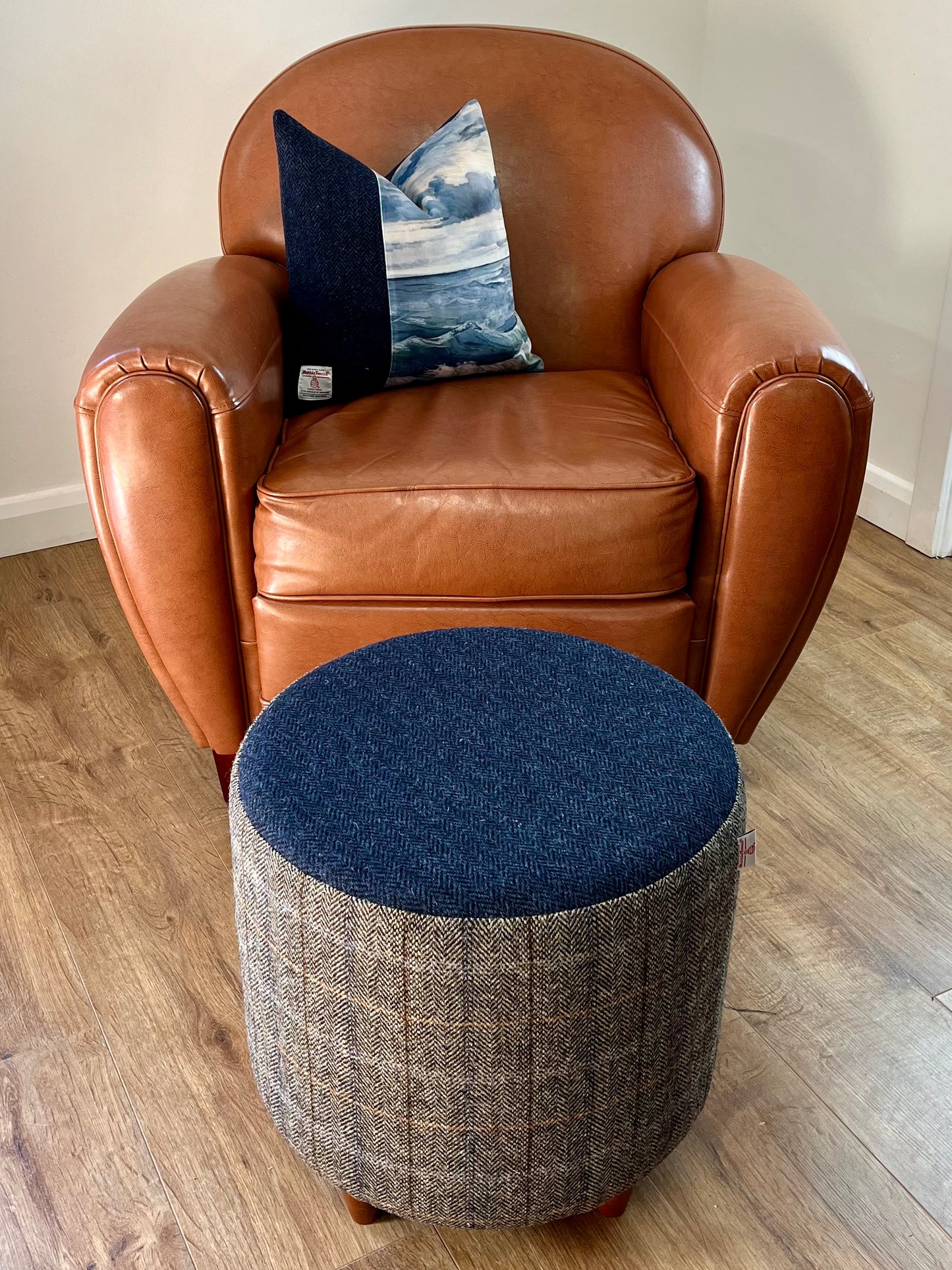 Overcheck and Navy Herringbone Harris Tweed Chunky Footstool