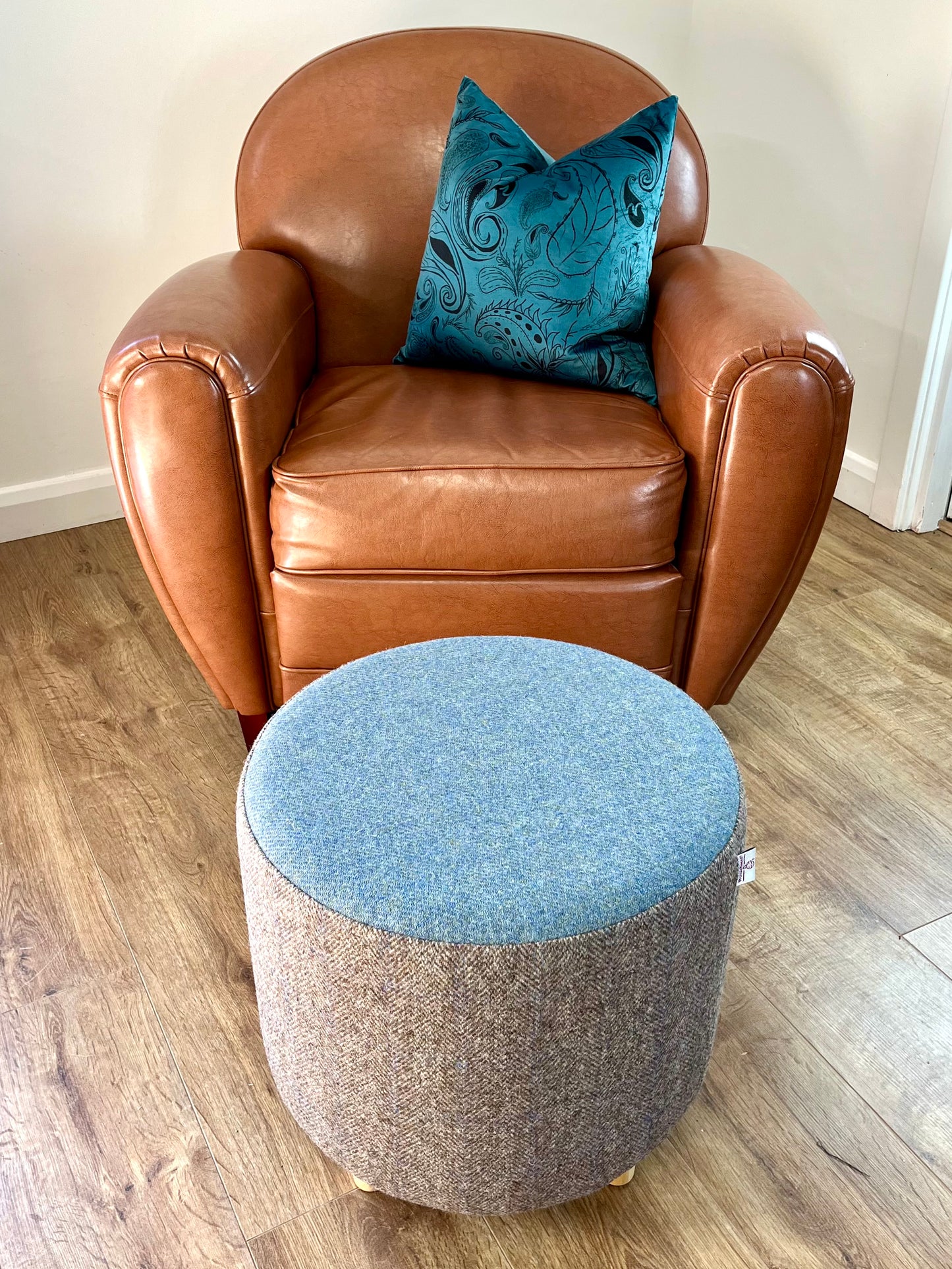 Taupe & Light Blue Harris Tweed Chunky Footstool
