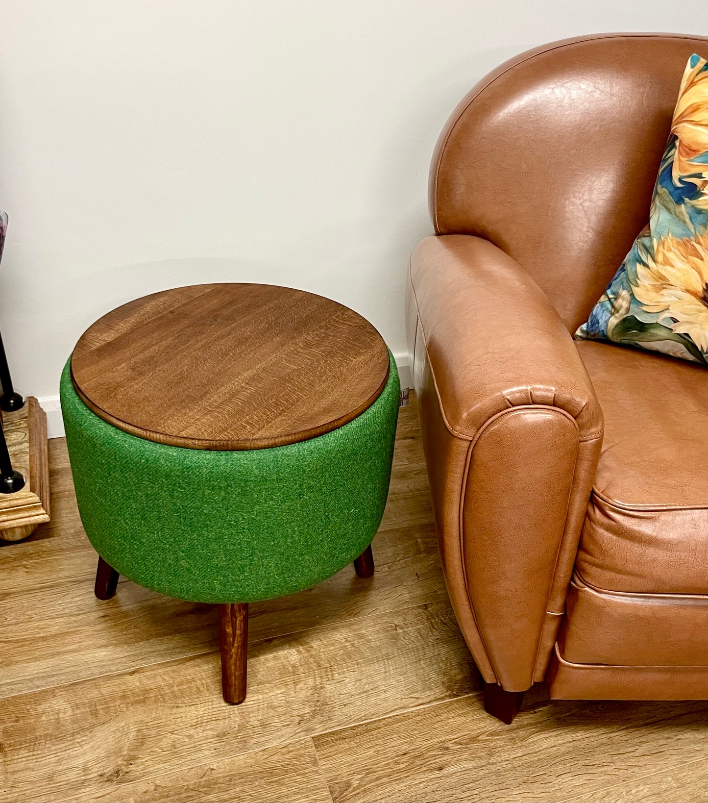 Vibrant Green End Table: Harris Tweed with Rustic Wooden Legs and Top