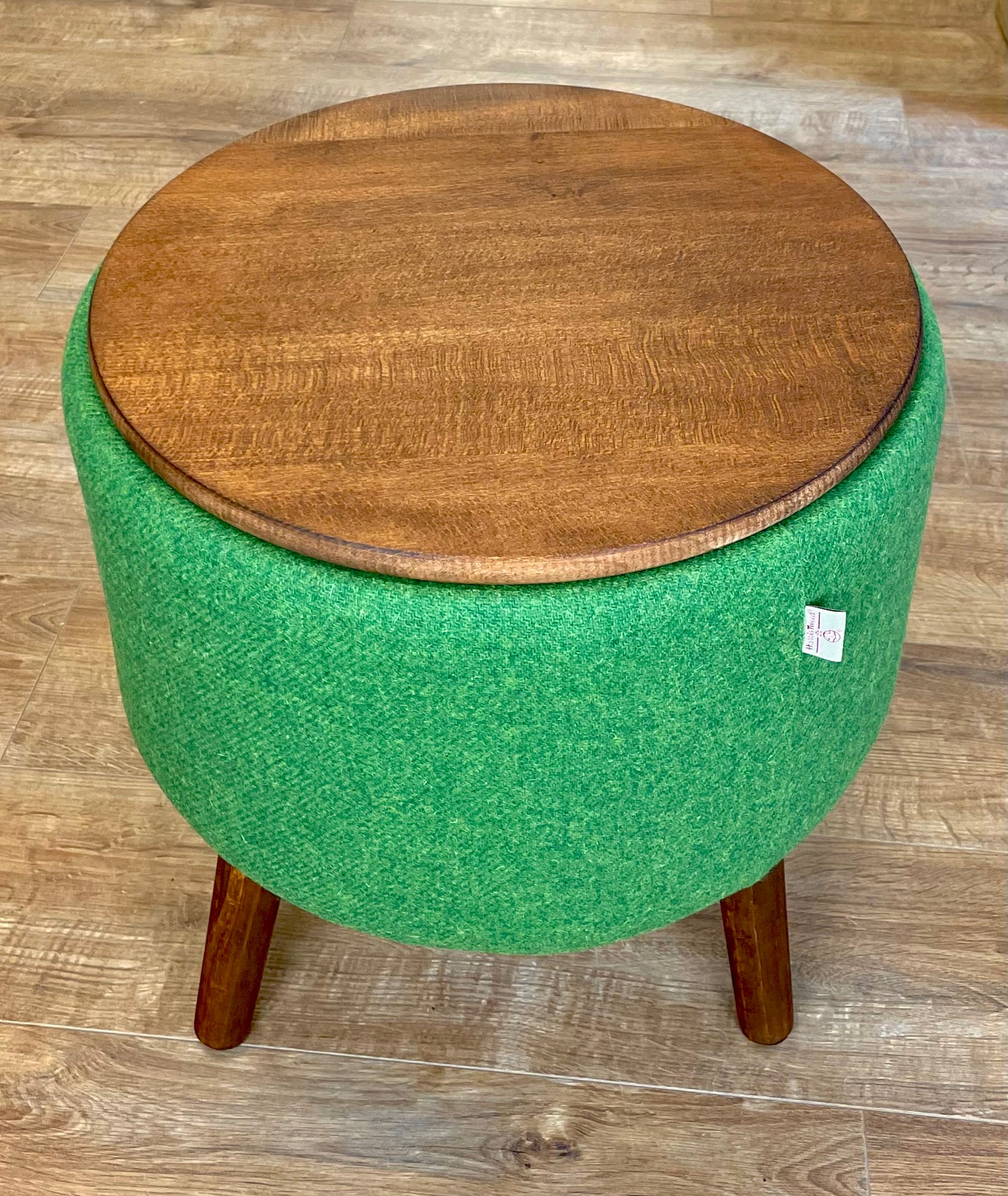 Vibrant Green End Table: Harris Tweed with Rustic Wooden Legs and Top