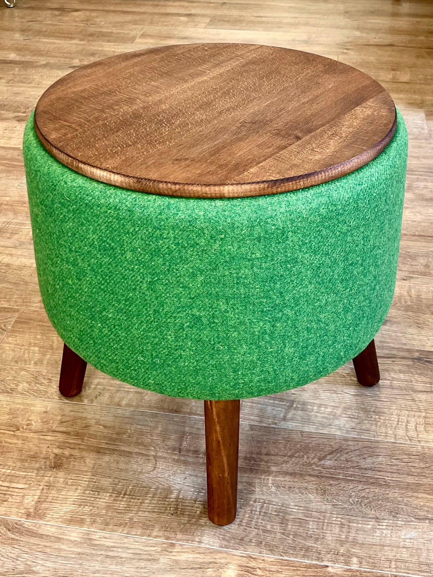 Vibrant Green End Table: Harris Tweed with Rustic Wooden Legs and Top