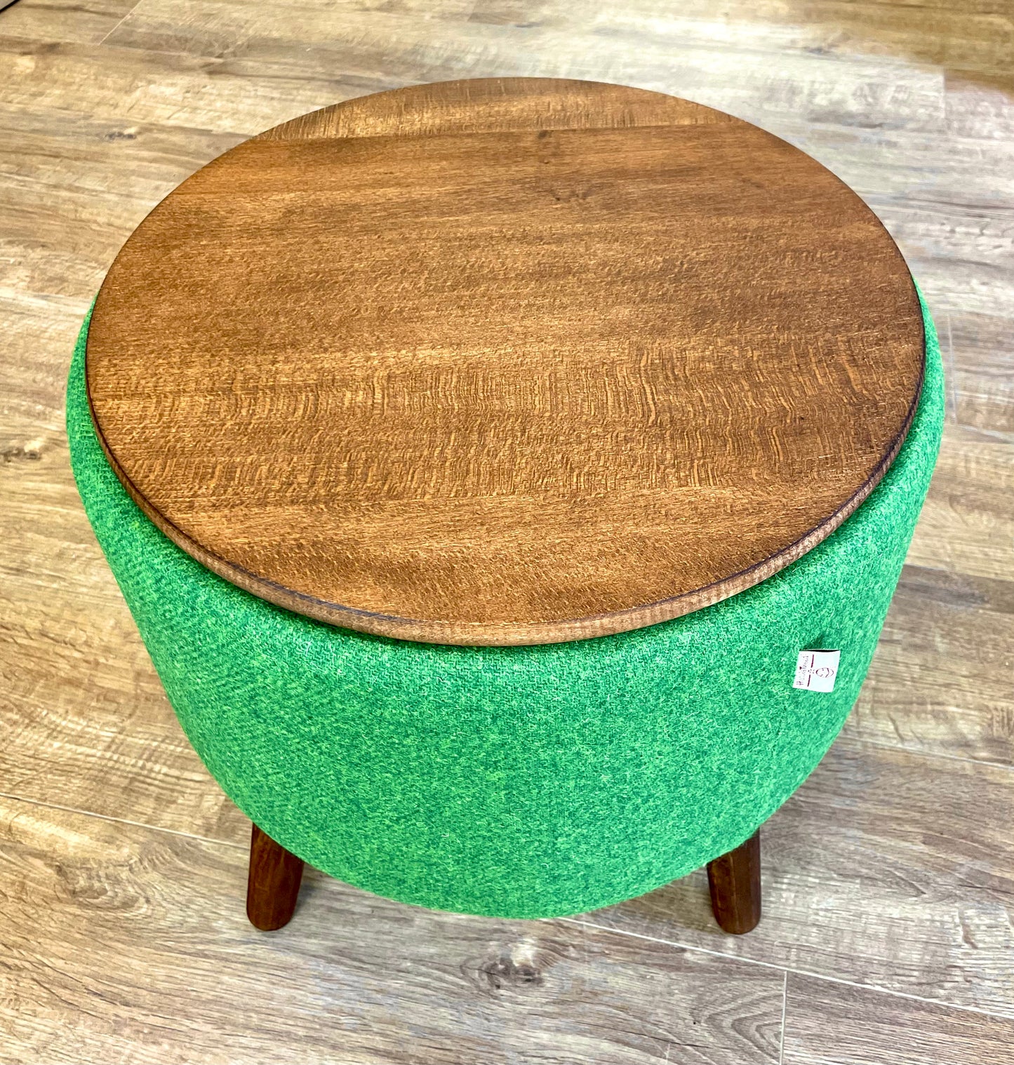 Vibrant Green End Table: Harris Tweed with Rustic Wooden Legs and Top