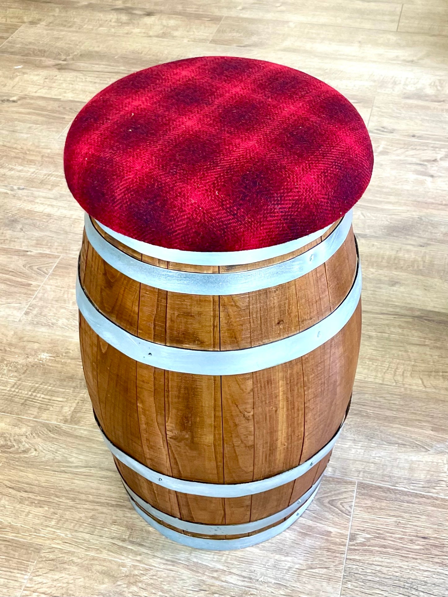 Wee Whisky Barrel and Red Harris Tweed Stool