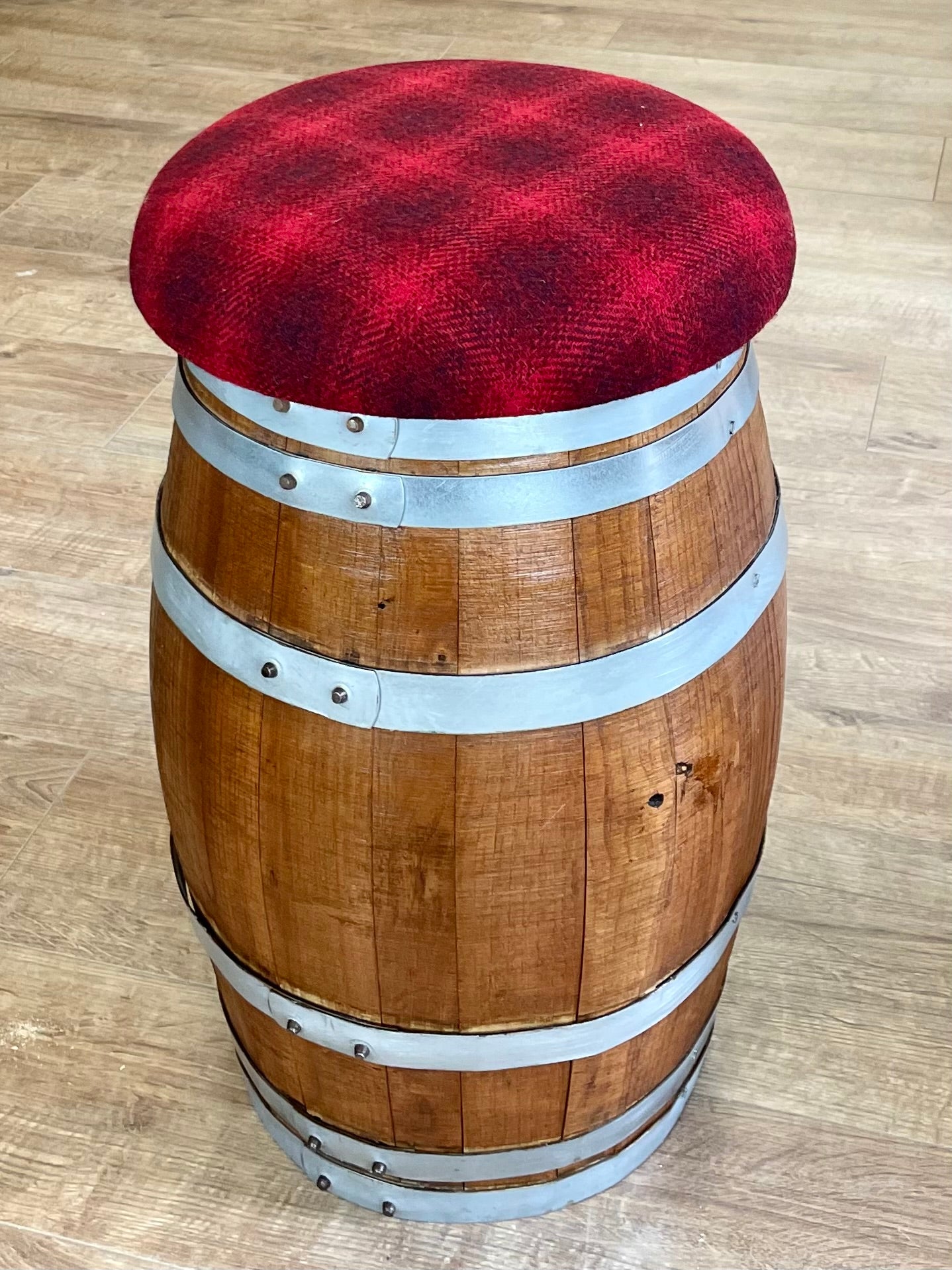 Wee Whisky Barrel and Red Harris Tweed Stool