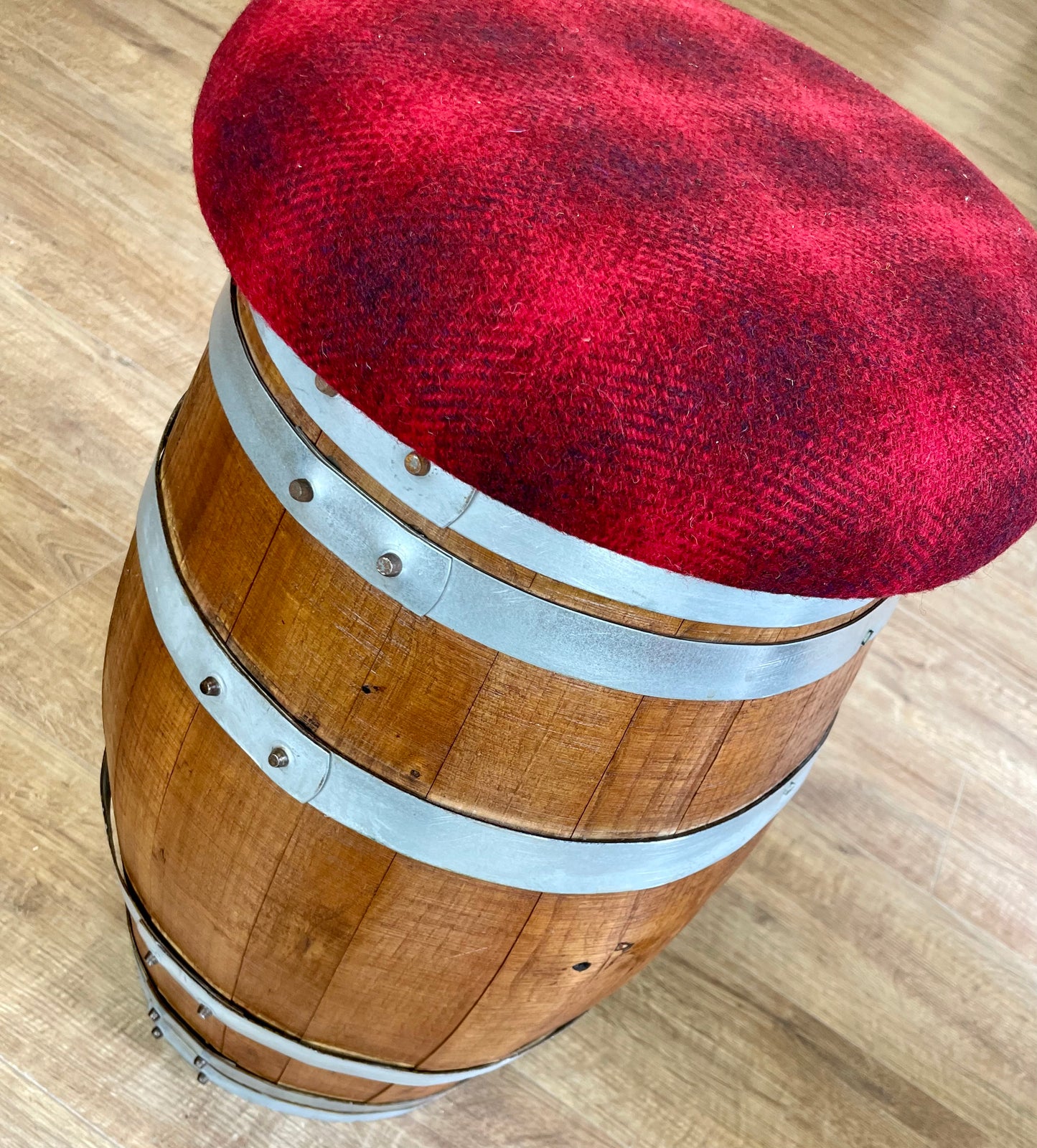 Wee Whisky Barrel and Red Harris Tweed Stool