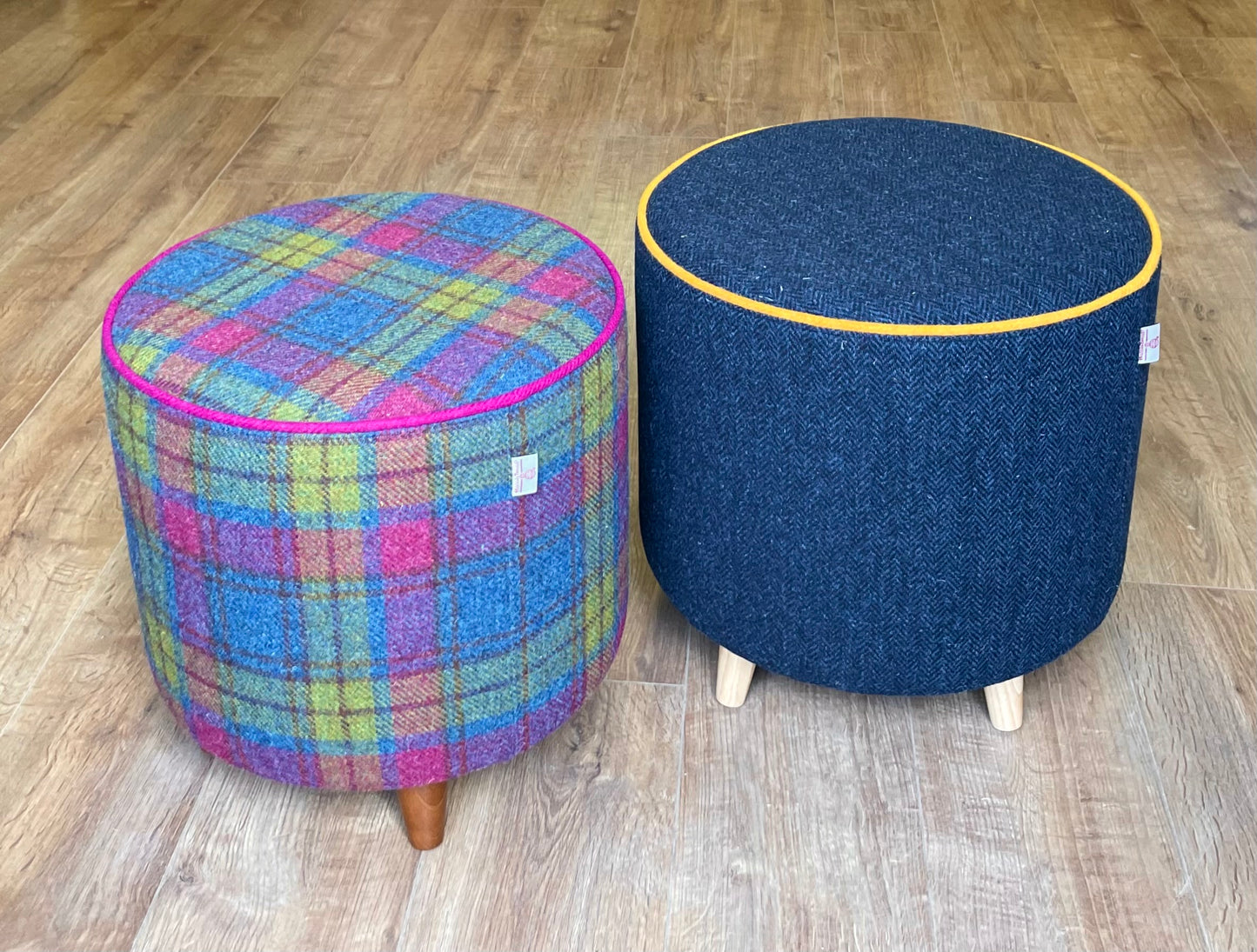 Navy Harris Tweed Chunky Footstool with Yellow Piping Detail