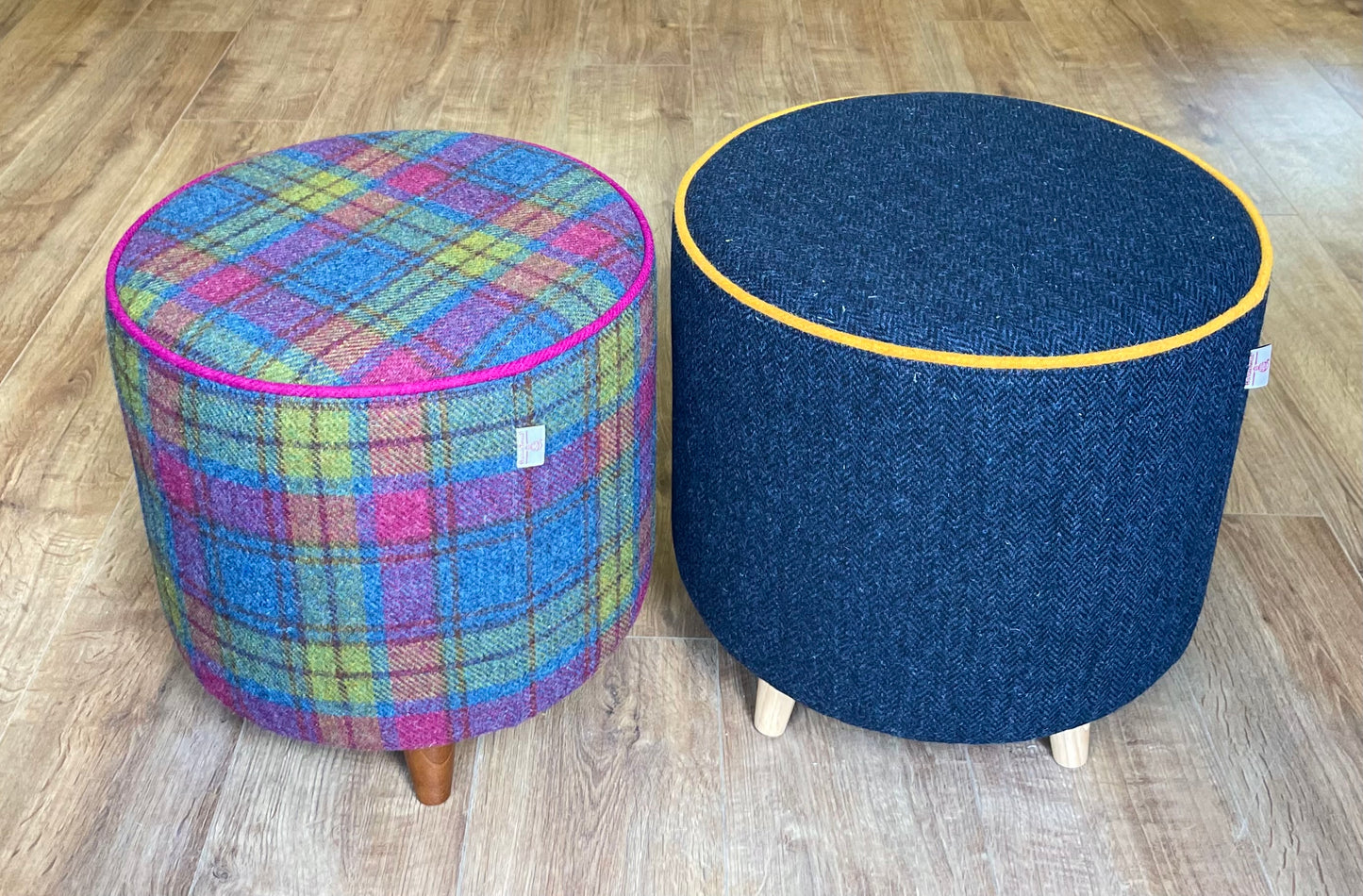 Colourful Harris Tweed Chunky Footstool with Fuchsia Piping Detail