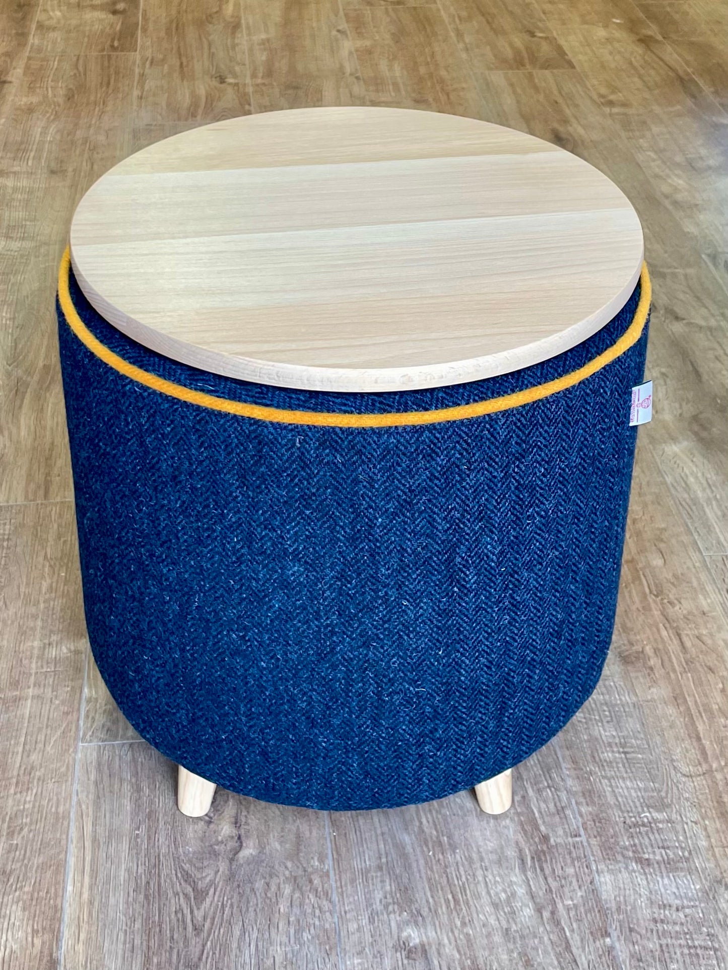 Navy Harris Tweed Chunky End Table with Yellow Piping and Removable Wooden Top