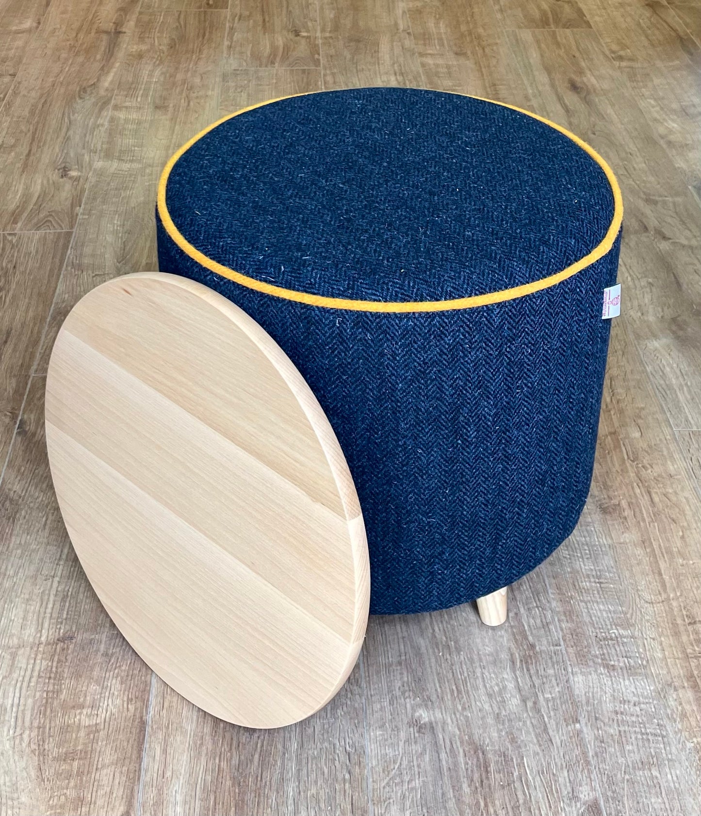 Navy Harris Tweed Chunky End Table with Yellow Piping and Removable Wooden Top