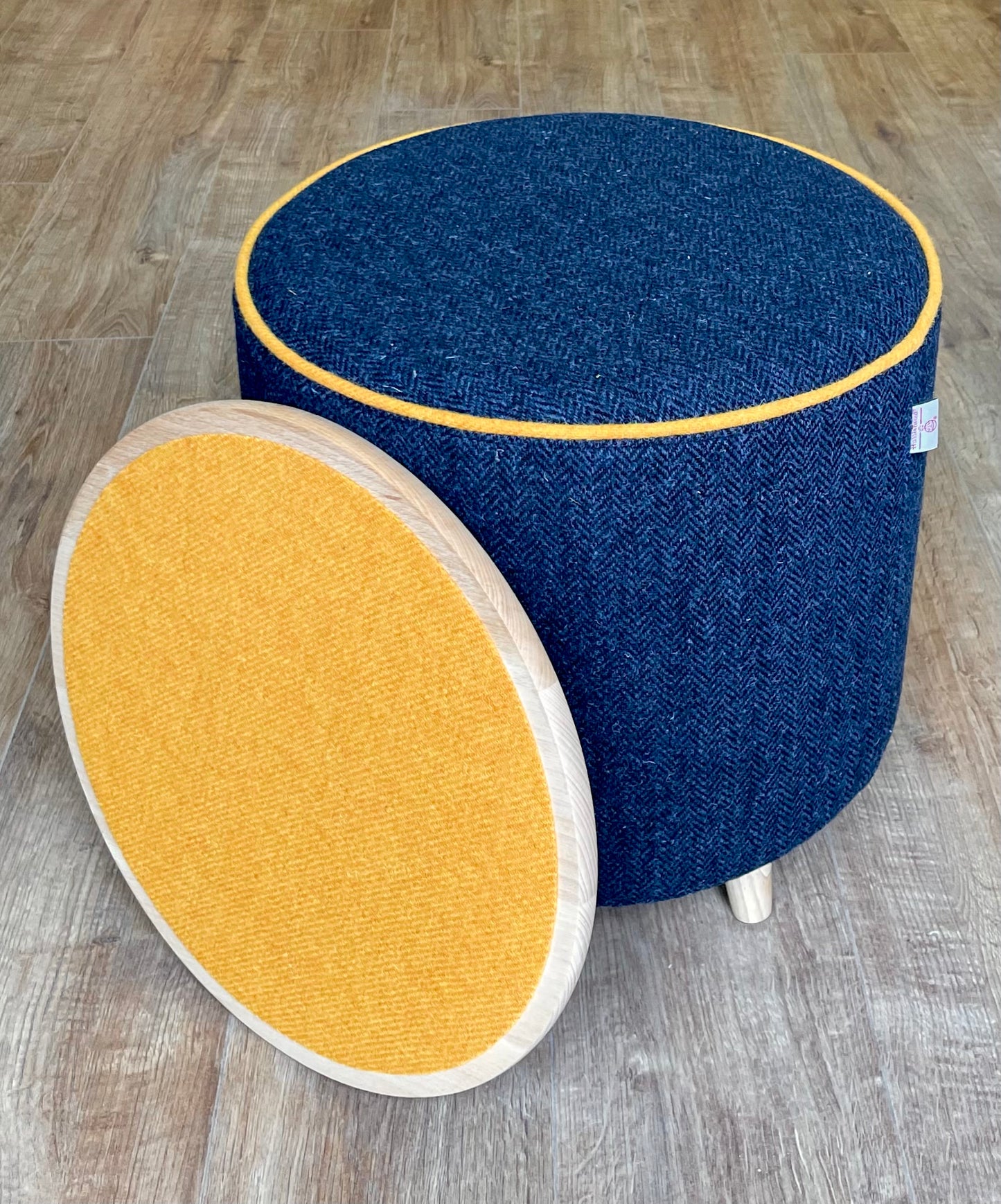 Navy Harris Tweed Chunky End Table with Yellow Piping and Removable Wooden Top