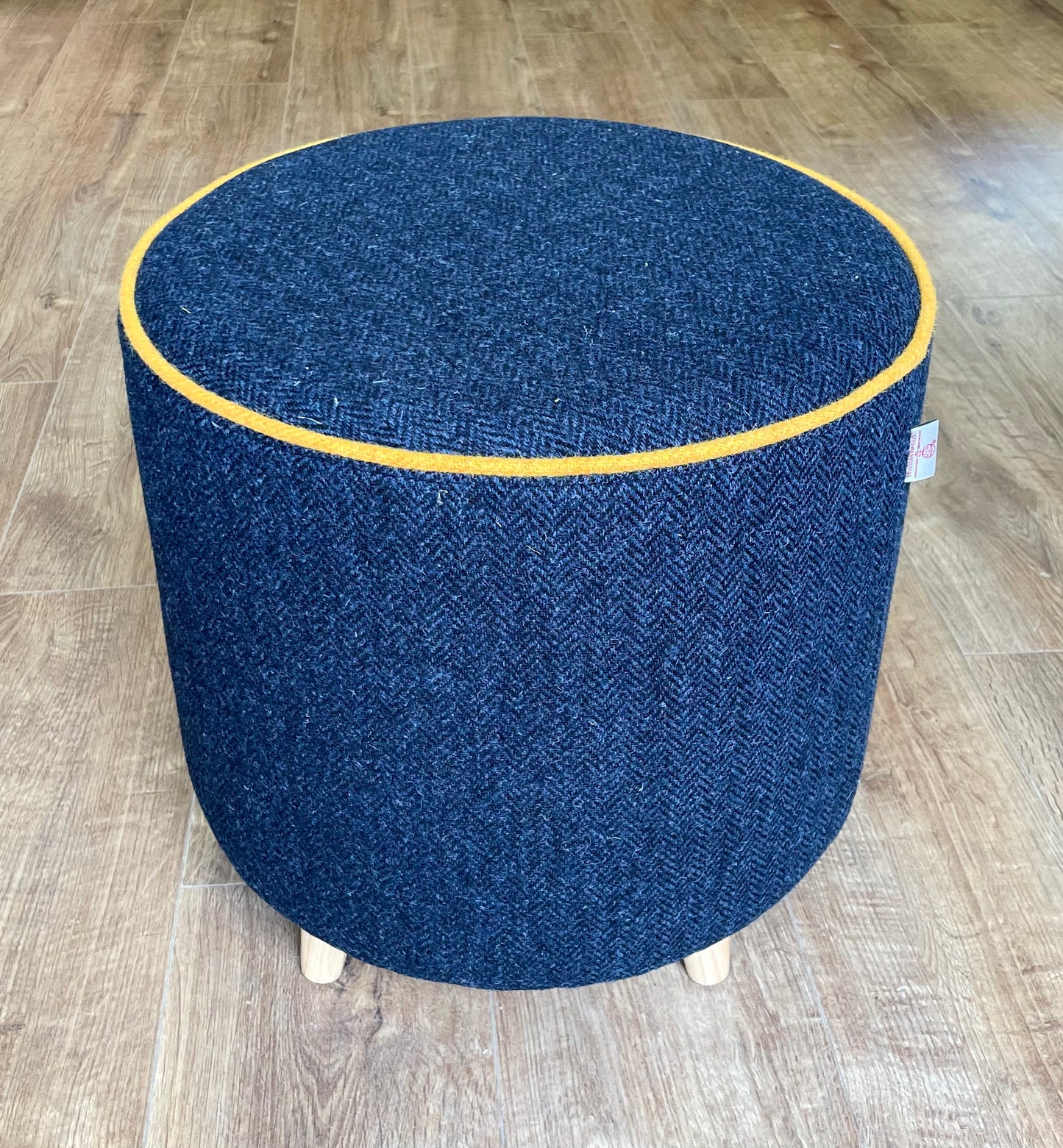 Navy Harris Tweed Chunky End Table with Yellow Piping and Removable Wooden Top