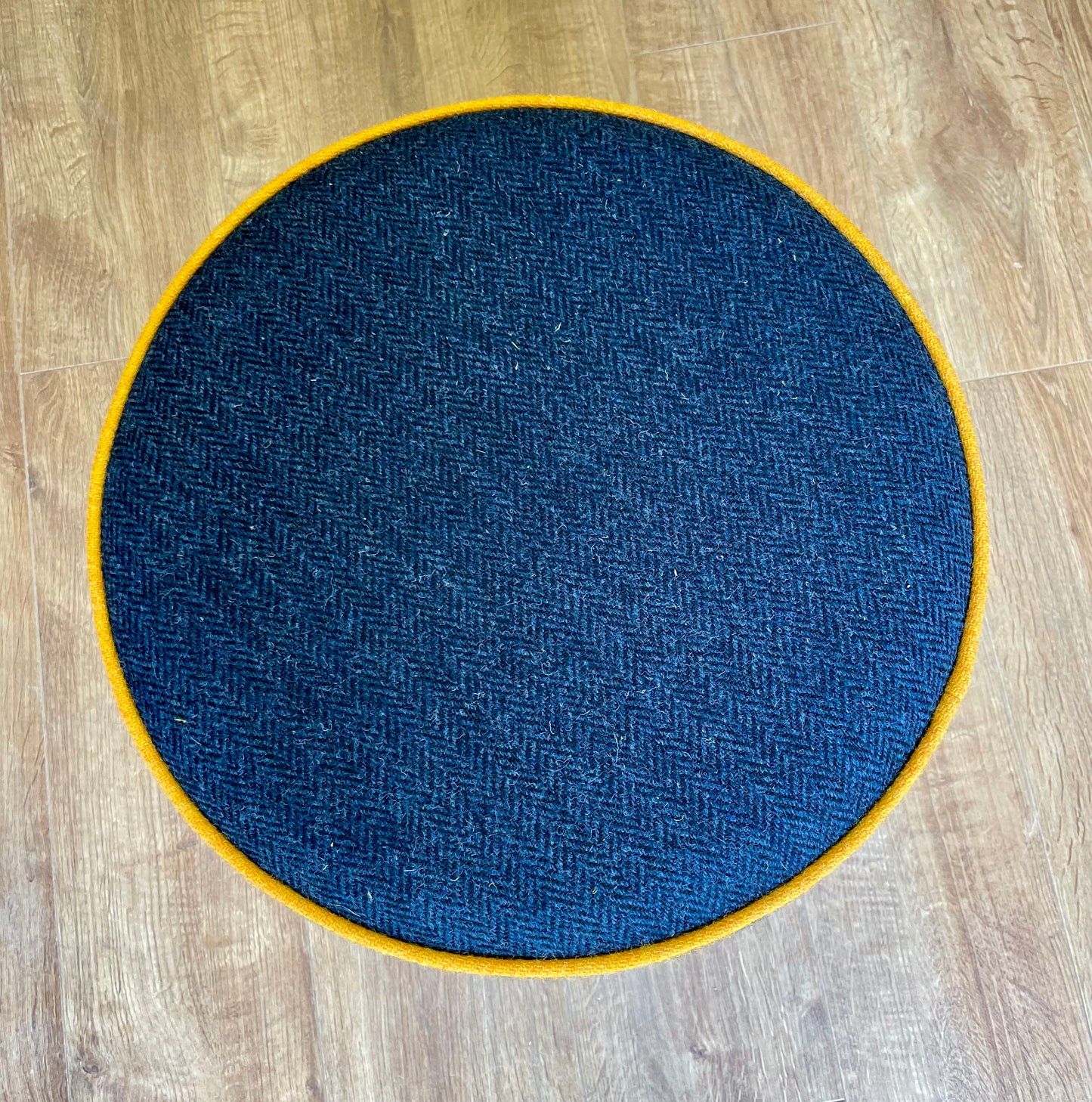 Navy Harris Tweed Chunky End Table with Yellow Piping and Removable Wooden Top