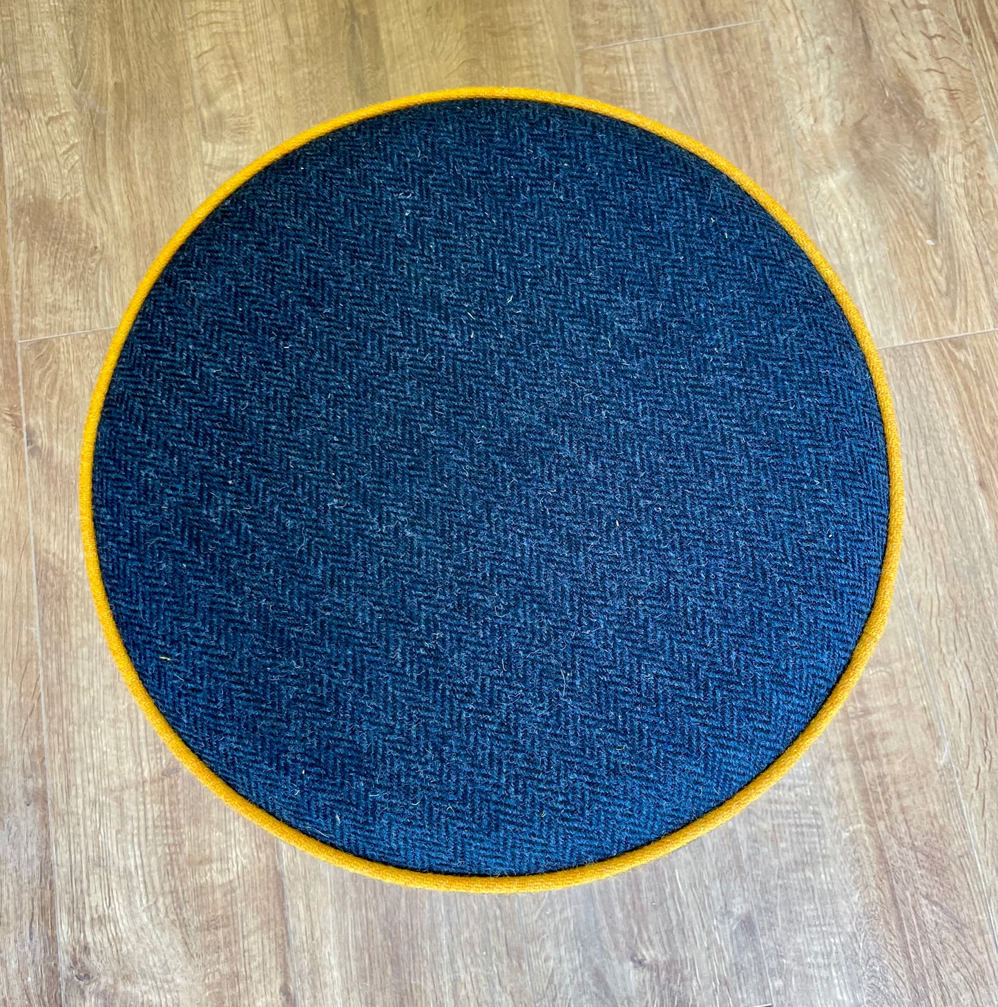 Navy Harris Tweed Chunky Footstool with Yellow Piping Detail