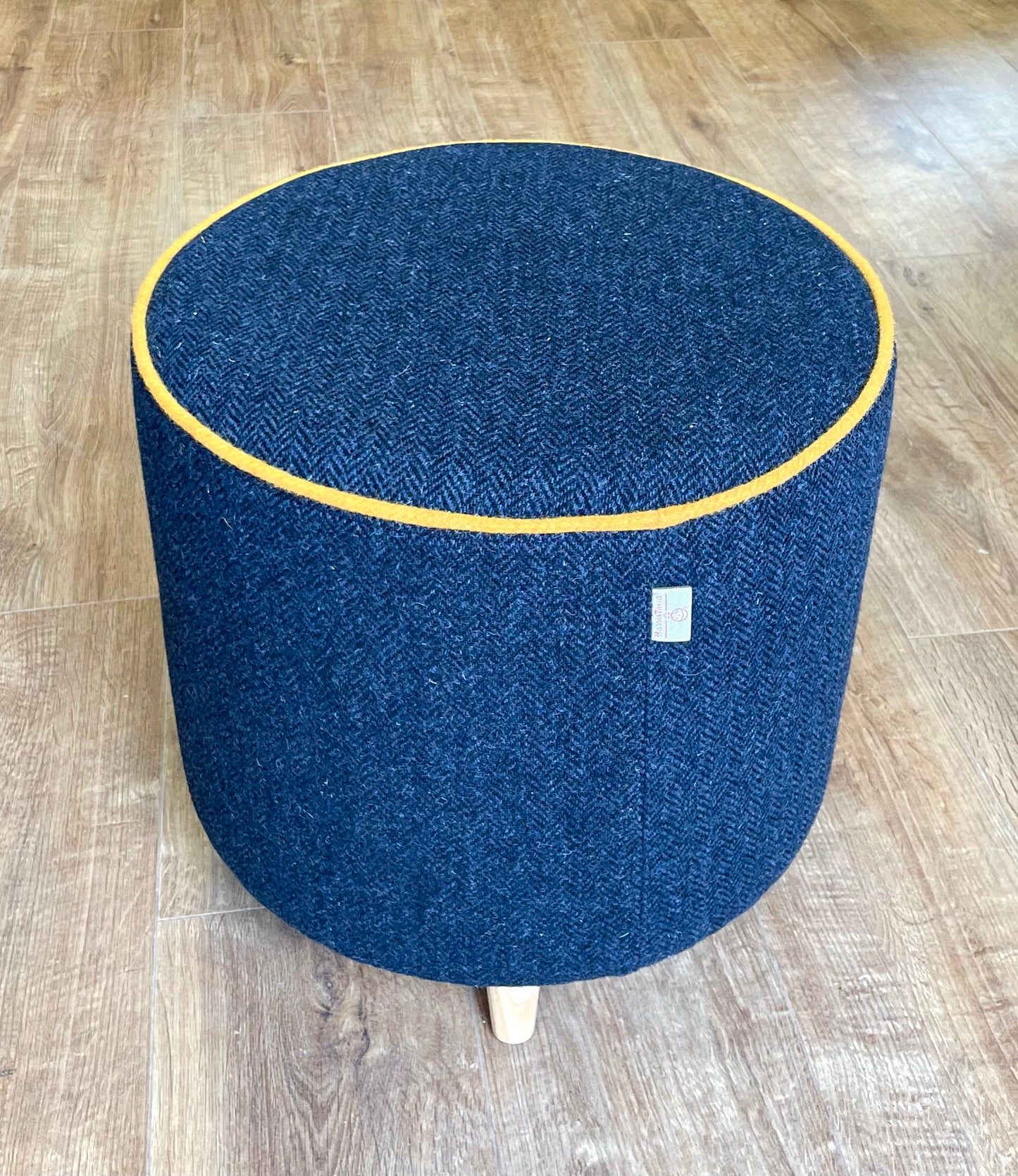 Navy Harris Tweed Chunky End Table with Yellow Piping and Removable Wooden Top