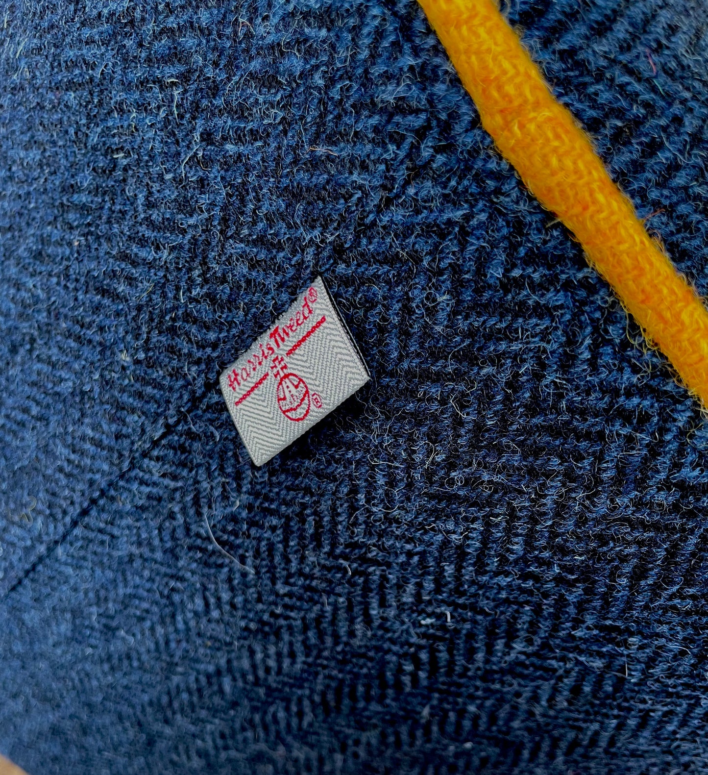 Navy Harris Tweed Chunky Footstool with Yellow Piping Detail