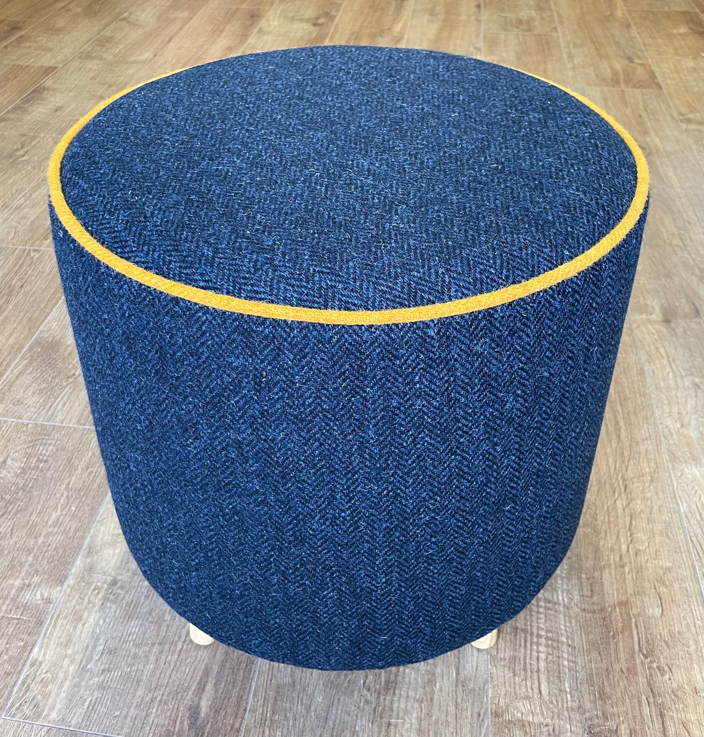 Navy Harris Tweed Chunky Footstool with Yellow Piping Detail