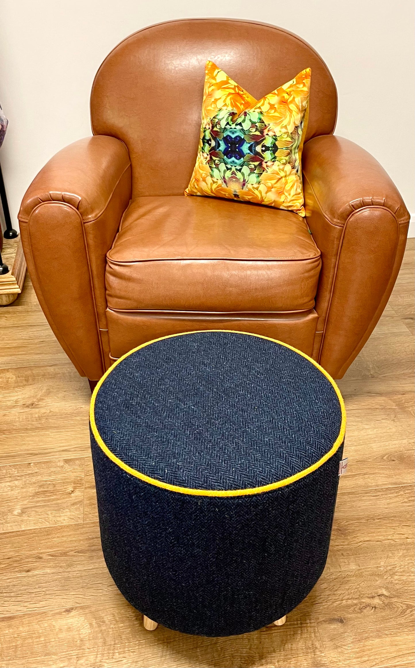 Navy Harris Tweed Chunky End Table with Yellow Piping and Removable Wooden Top