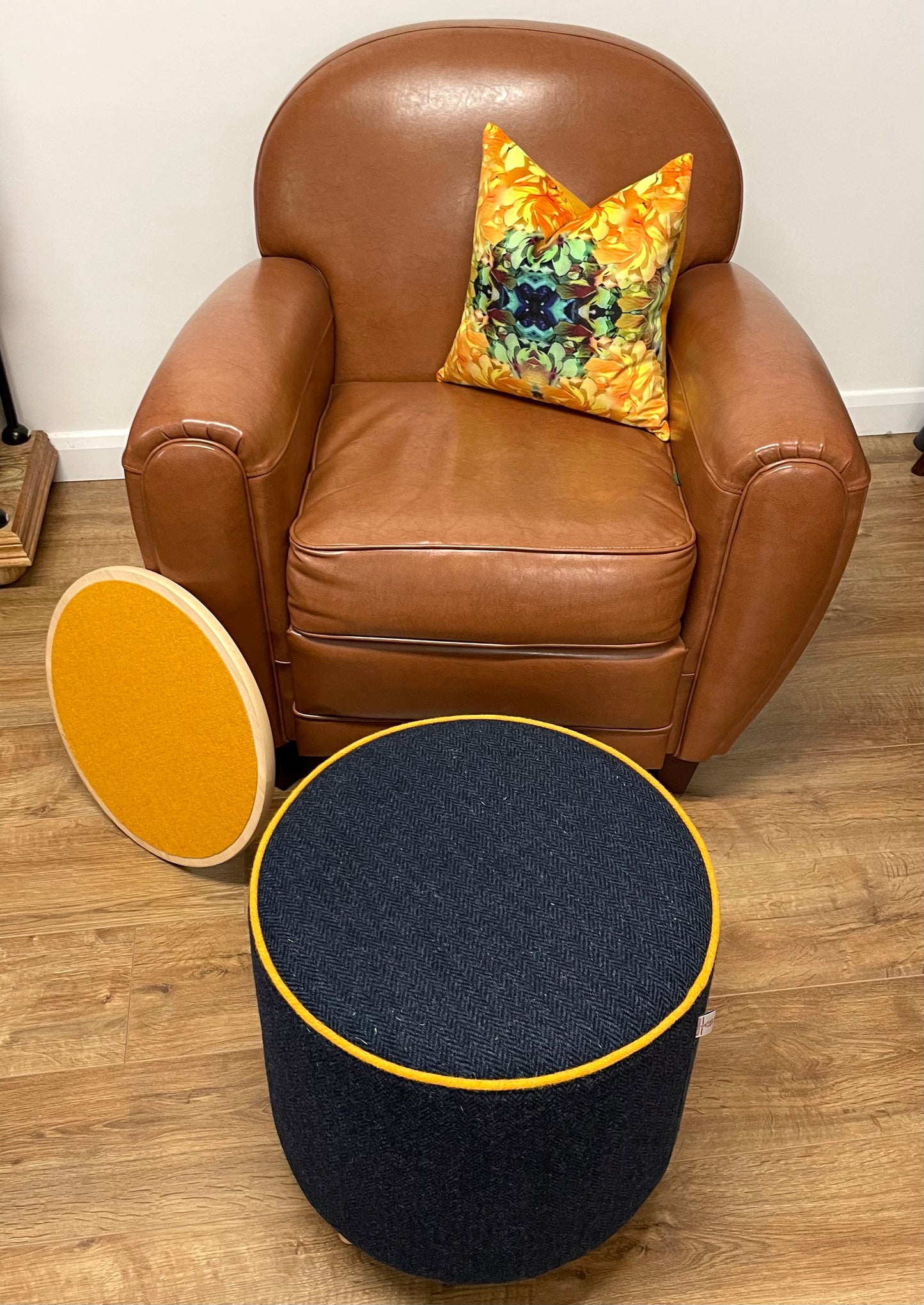 Navy Harris Tweed Chunky End Table with Yellow Piping and Removable Wooden Top