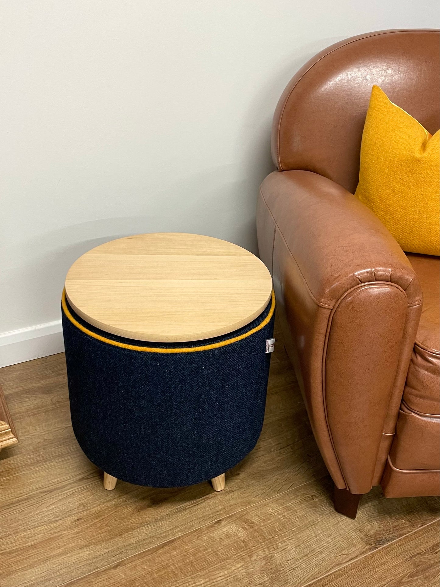 Navy Harris Tweed Chunky End Table with Yellow Piping and Removable Wooden Top