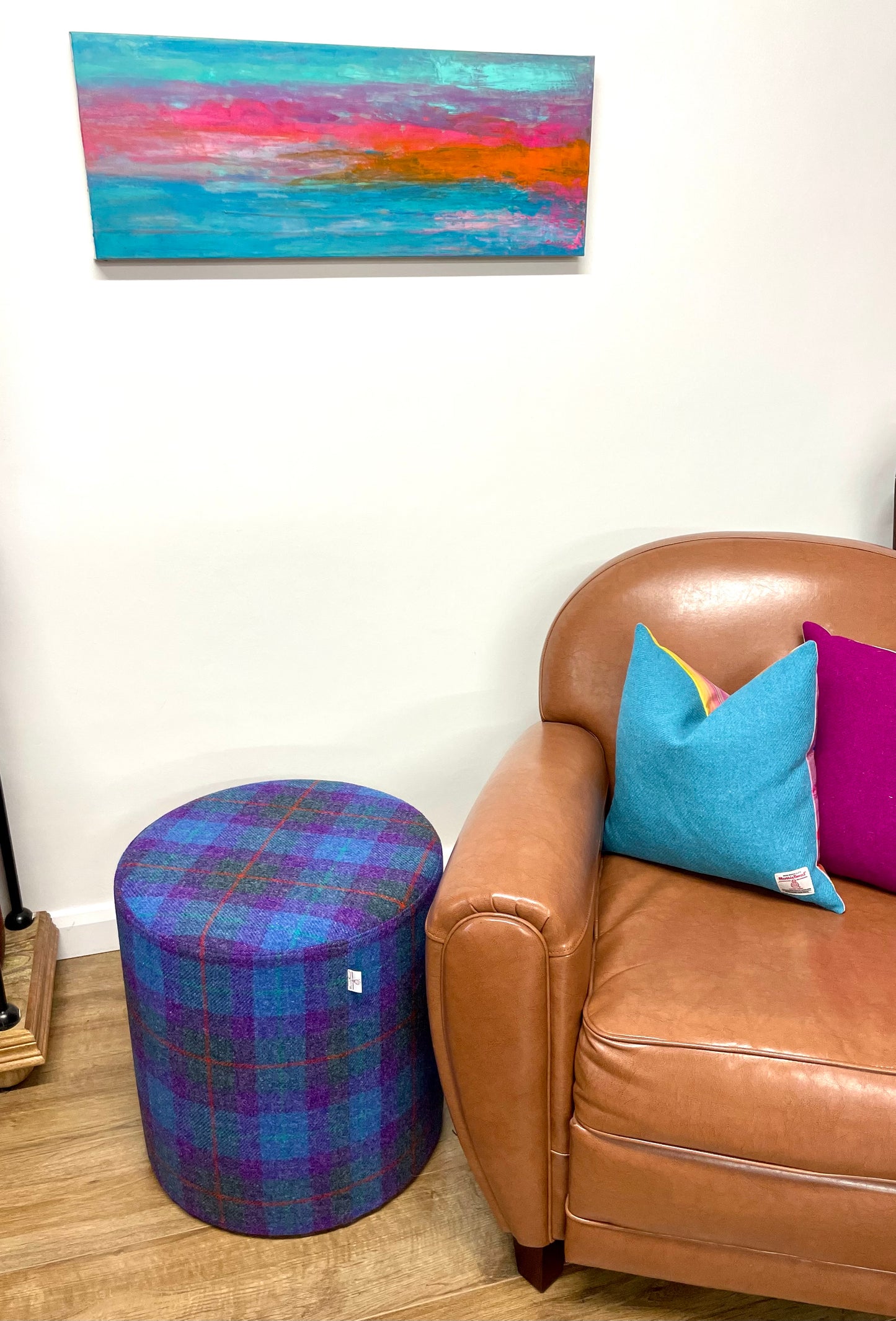 Purple Tartan Harris Tweed Large Chunky Stool / Footstool