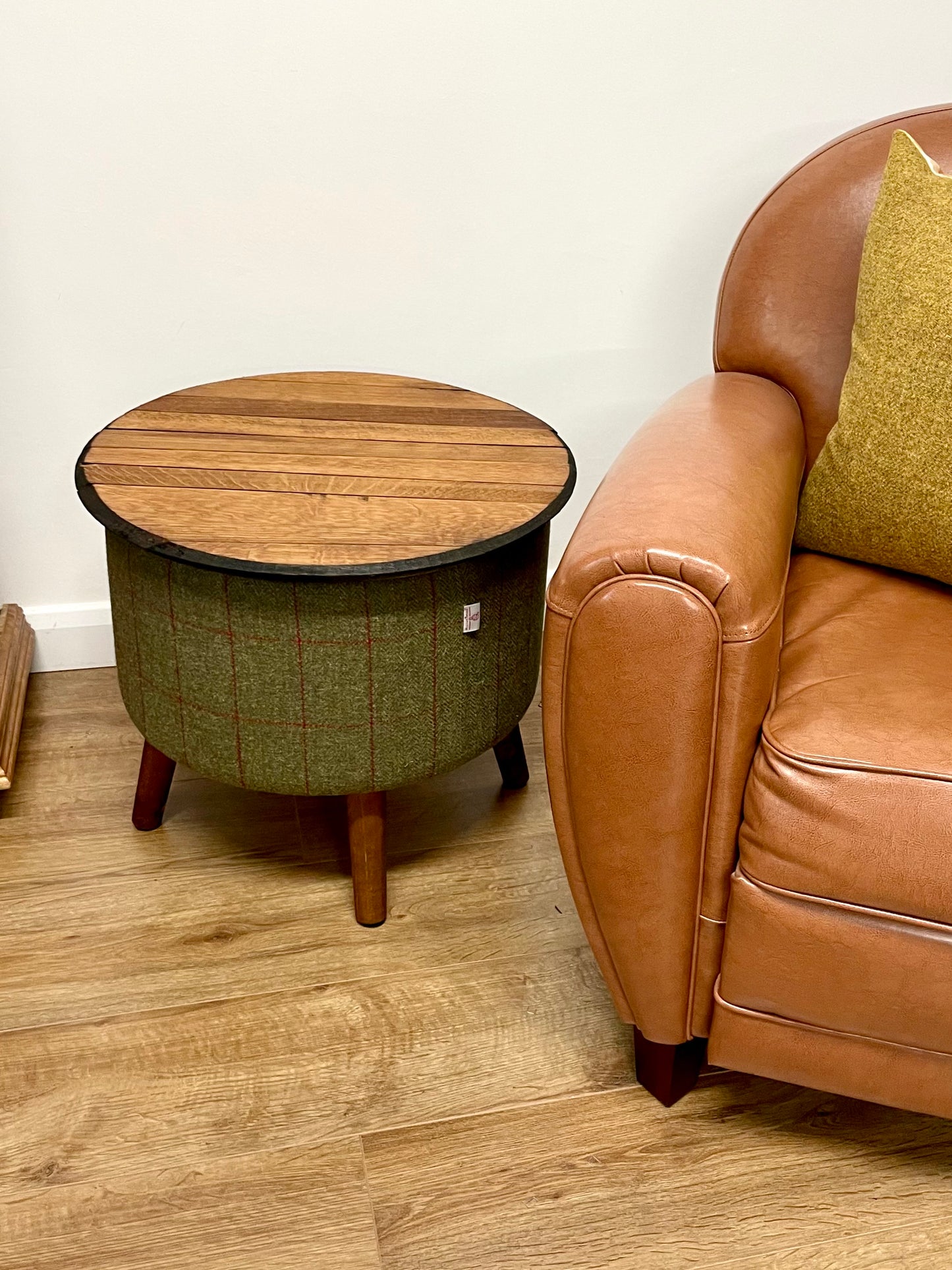 Harris Tweed Overcheck and Oak Whisky Barrel Top ‘Wee Dram’ Table