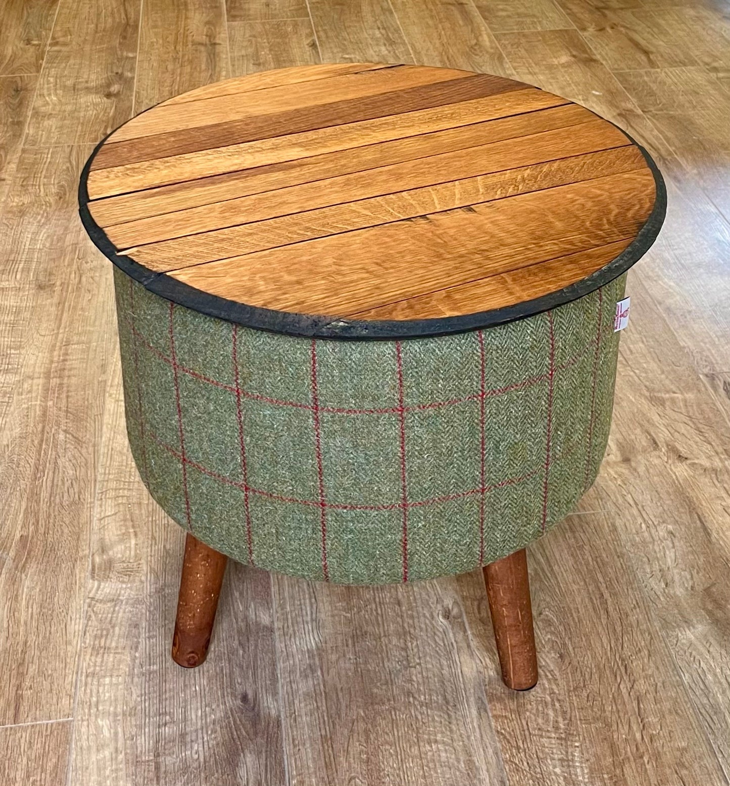 Harris Tweed Overcheck and Oak Whisky Barrel Top ‘Wee Dram’ Table