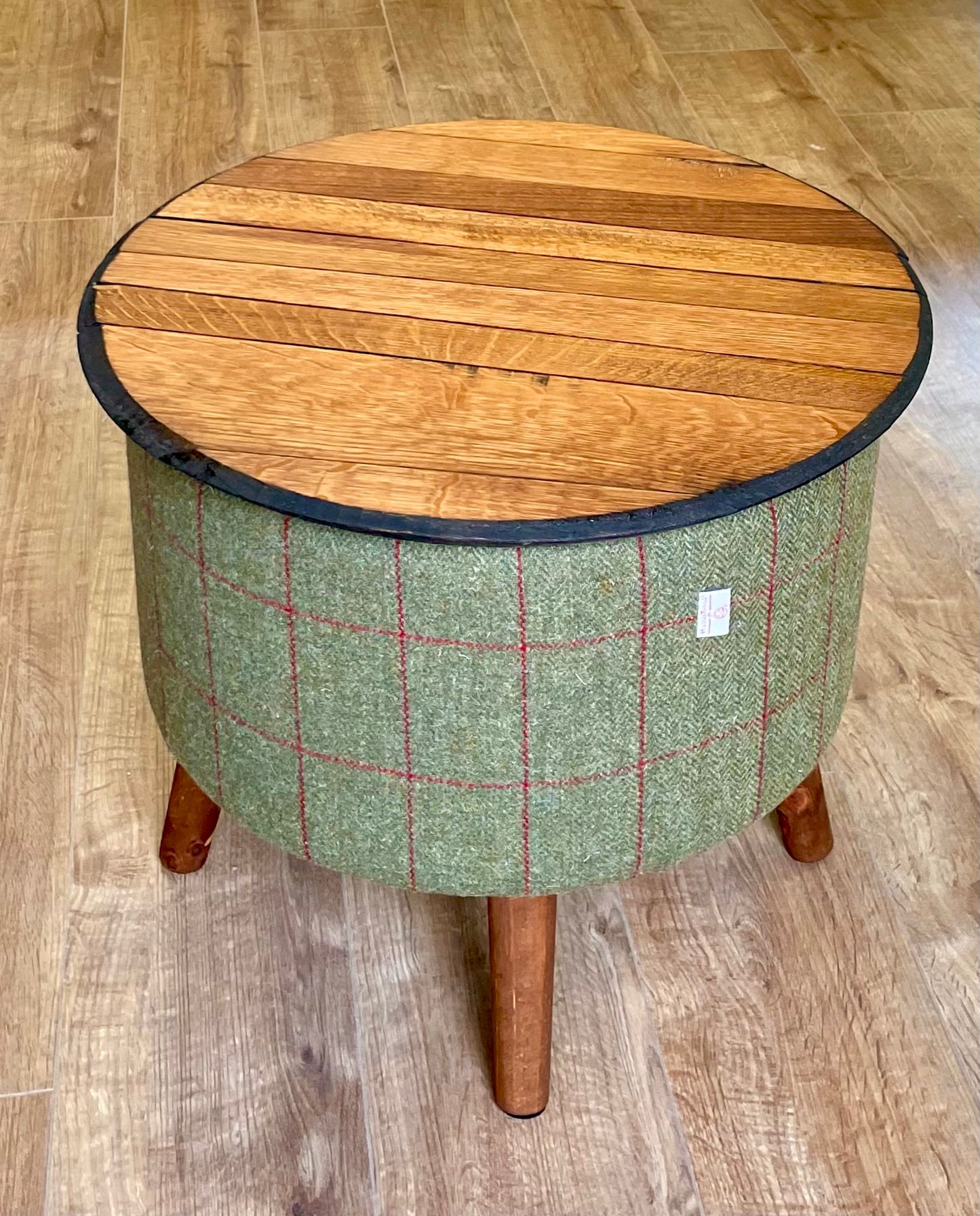 Harris Tweed Overcheck and Oak Whisky Barrel Top ‘Wee Dram’ Table