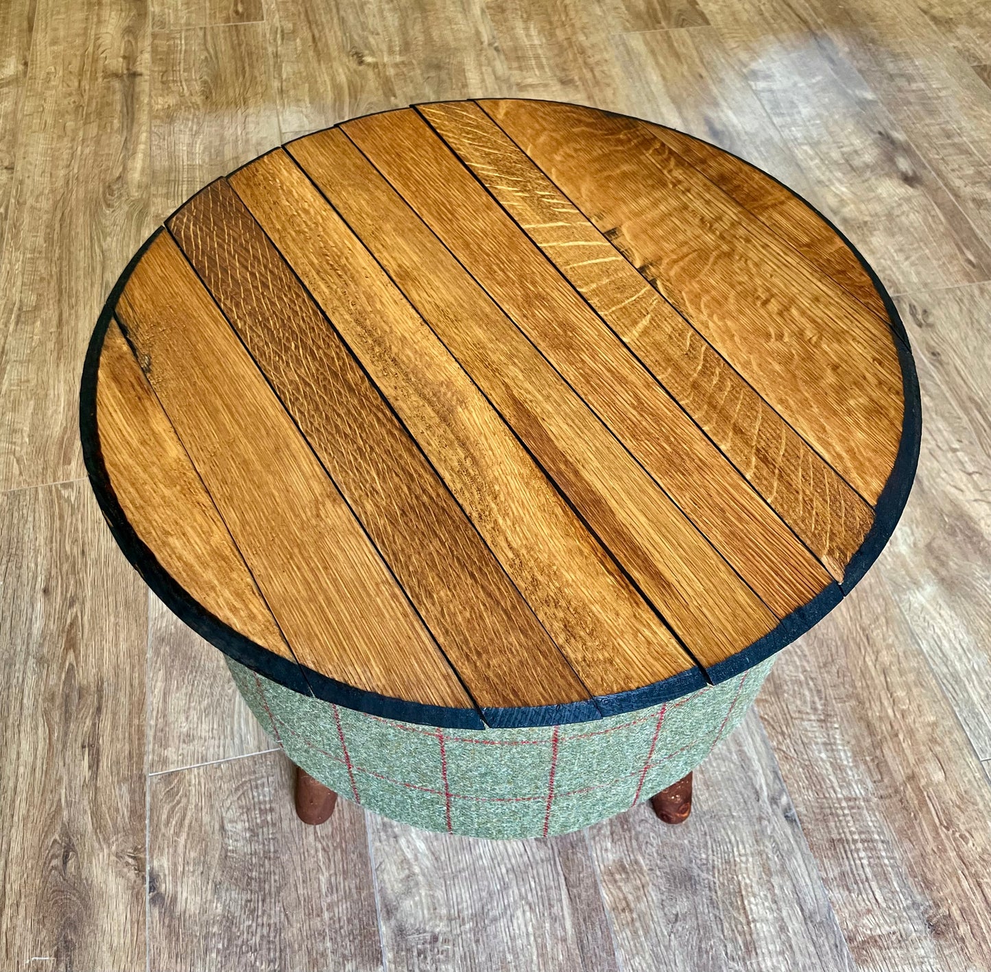 Harris Tweed Overcheck and Oak Whisky Barrel Top ‘Wee Dram’ Table