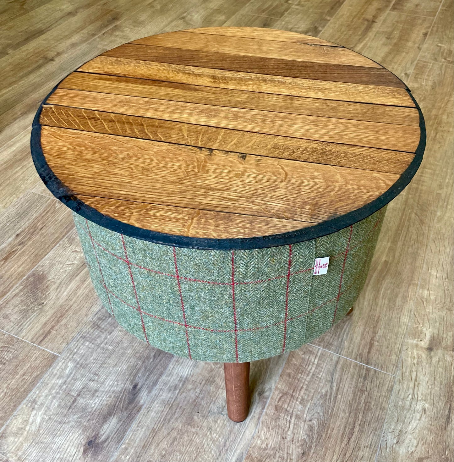 Harris Tweed Overcheck and Oak Whisky Barrel Top ‘Wee Dram’ Table