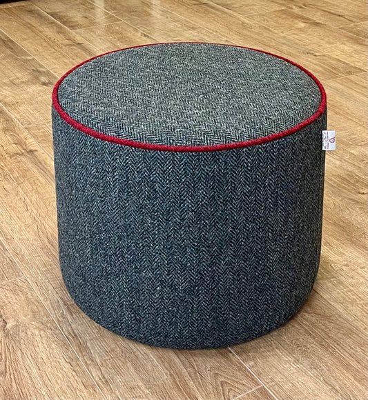 Charcoal Harris Tweed Chunky Floating Footstool with Red Piping
