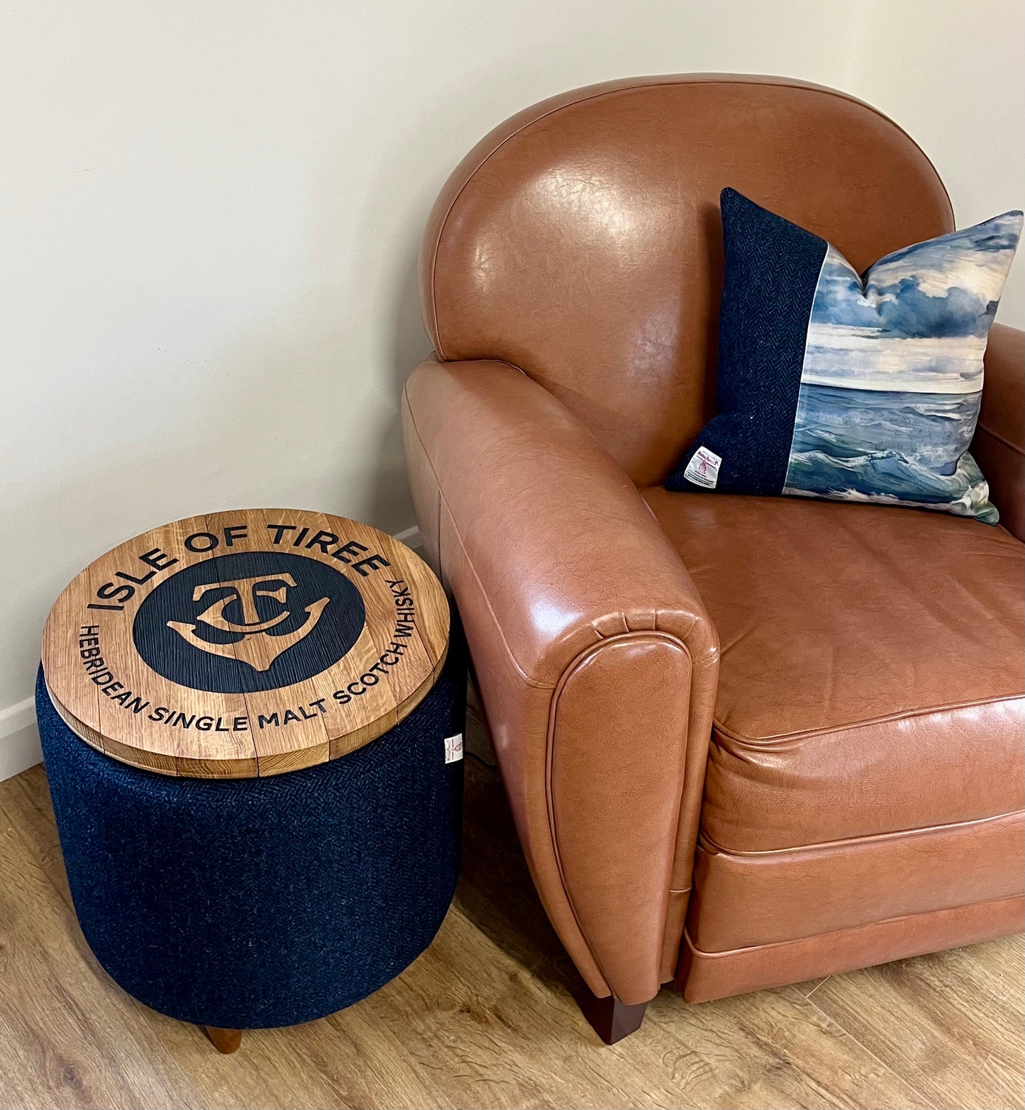 Isle of Tiree Oak Whisky Harris Tweed 'Wee Dram' Table Footstool