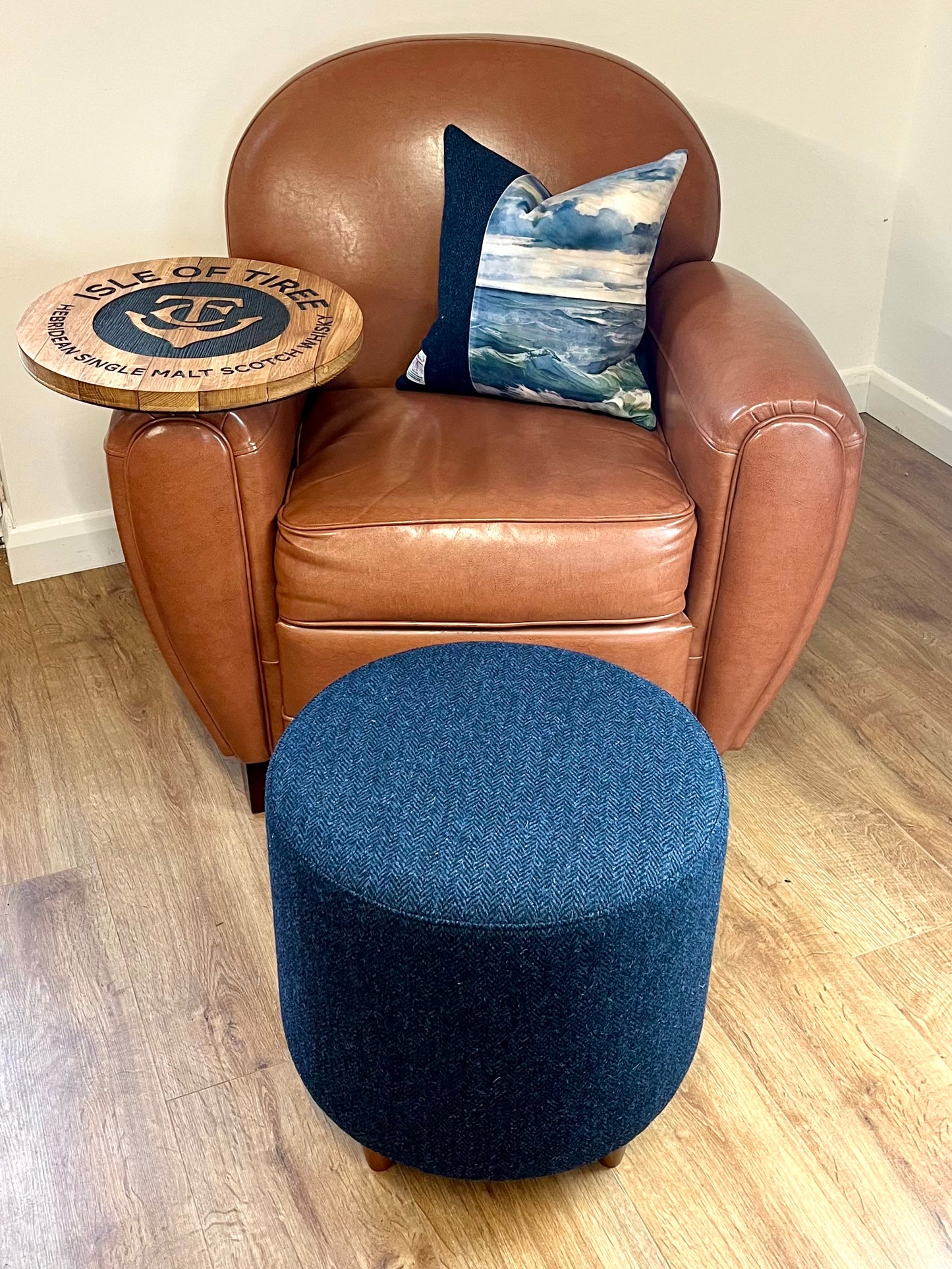 Isle of Tiree Oak Whisky Harris Tweed 'Wee Dram' Table Footstool