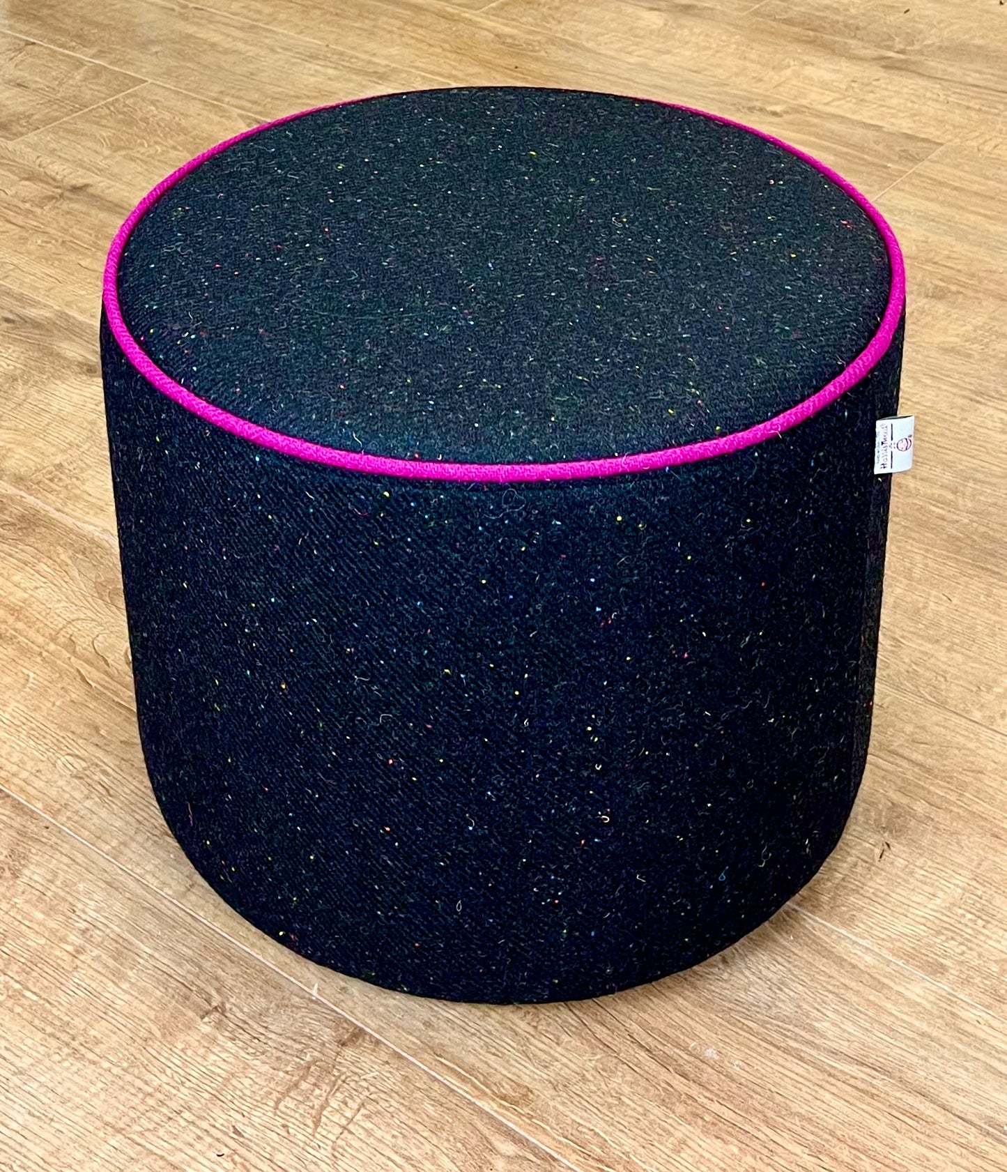 Black Speckled Harris Tweed Chunky Floating Footstool with Bright Pink Piping