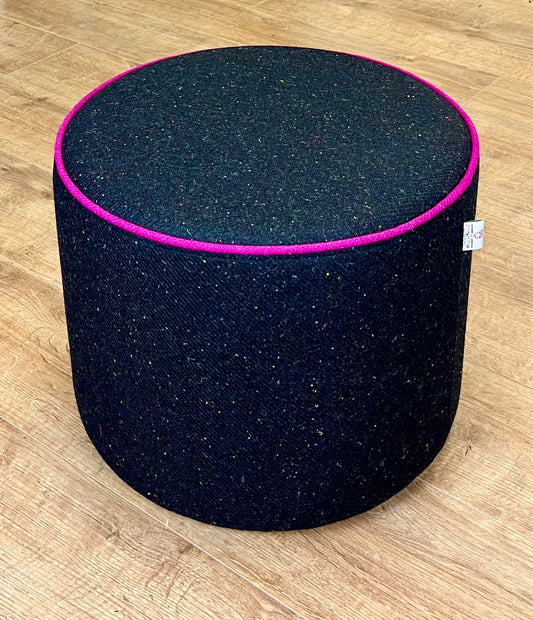 Black Speckled Harris Tweed Chunky Floating Footstool with Bright Pink Piping