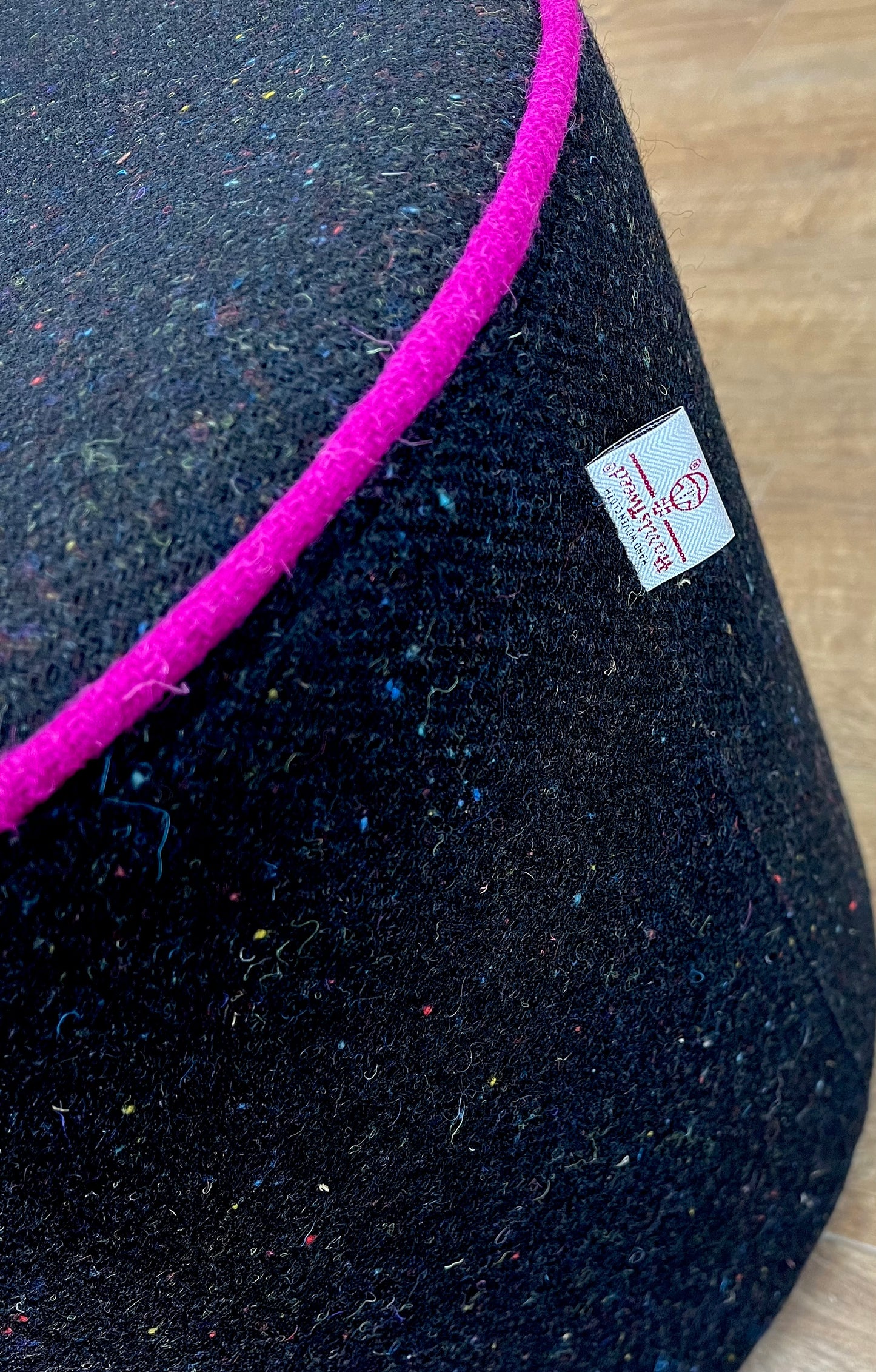 Black Speckled Harris Tweed Chunky Floating Footstool with Bright Pink Piping