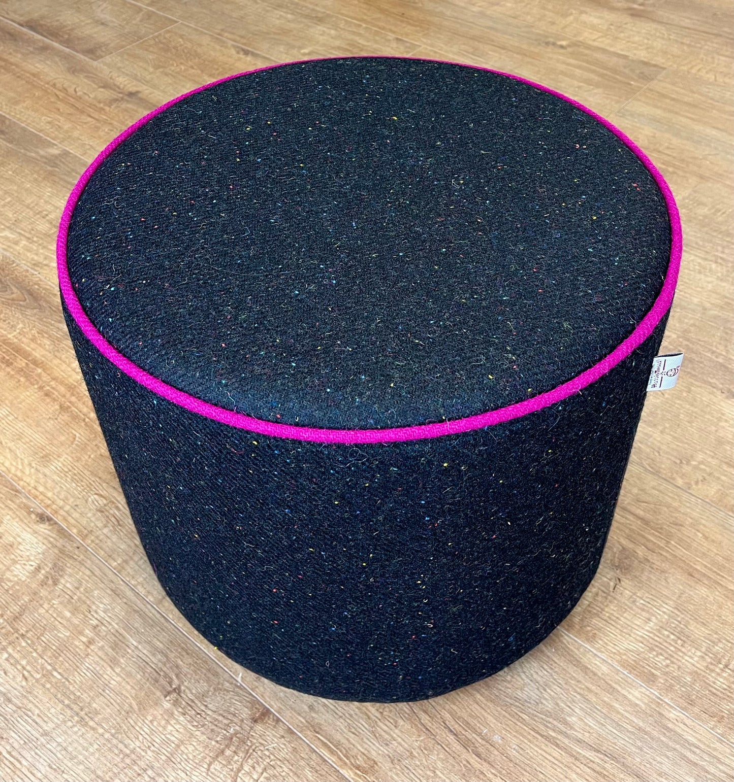 Black Speckled Harris Tweed Chunky Floating Footstool with Bright Pink Piping