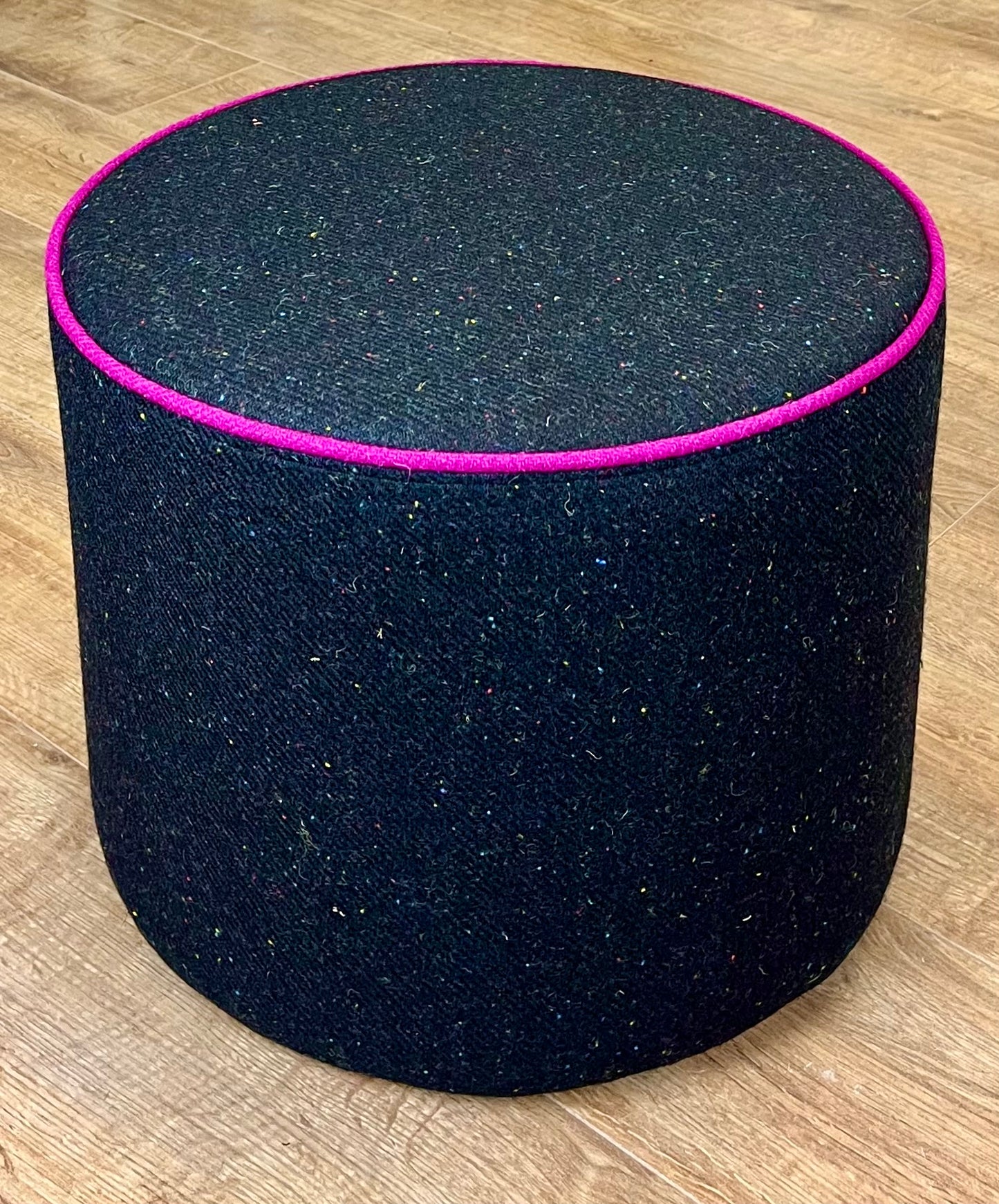 Black Speckled Harris Tweed Chunky Floating Footstool with Bright Pink Piping