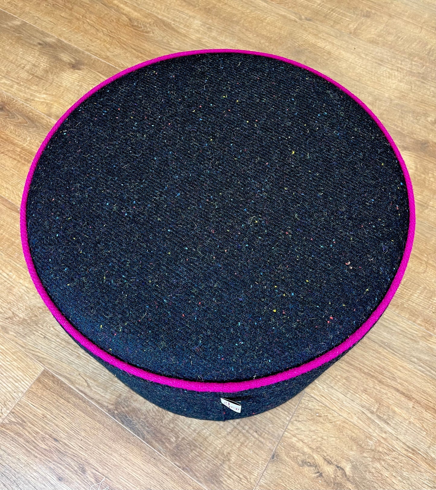 Black Speckled Harris Tweed Chunky Floating Footstool with Bright Pink Piping