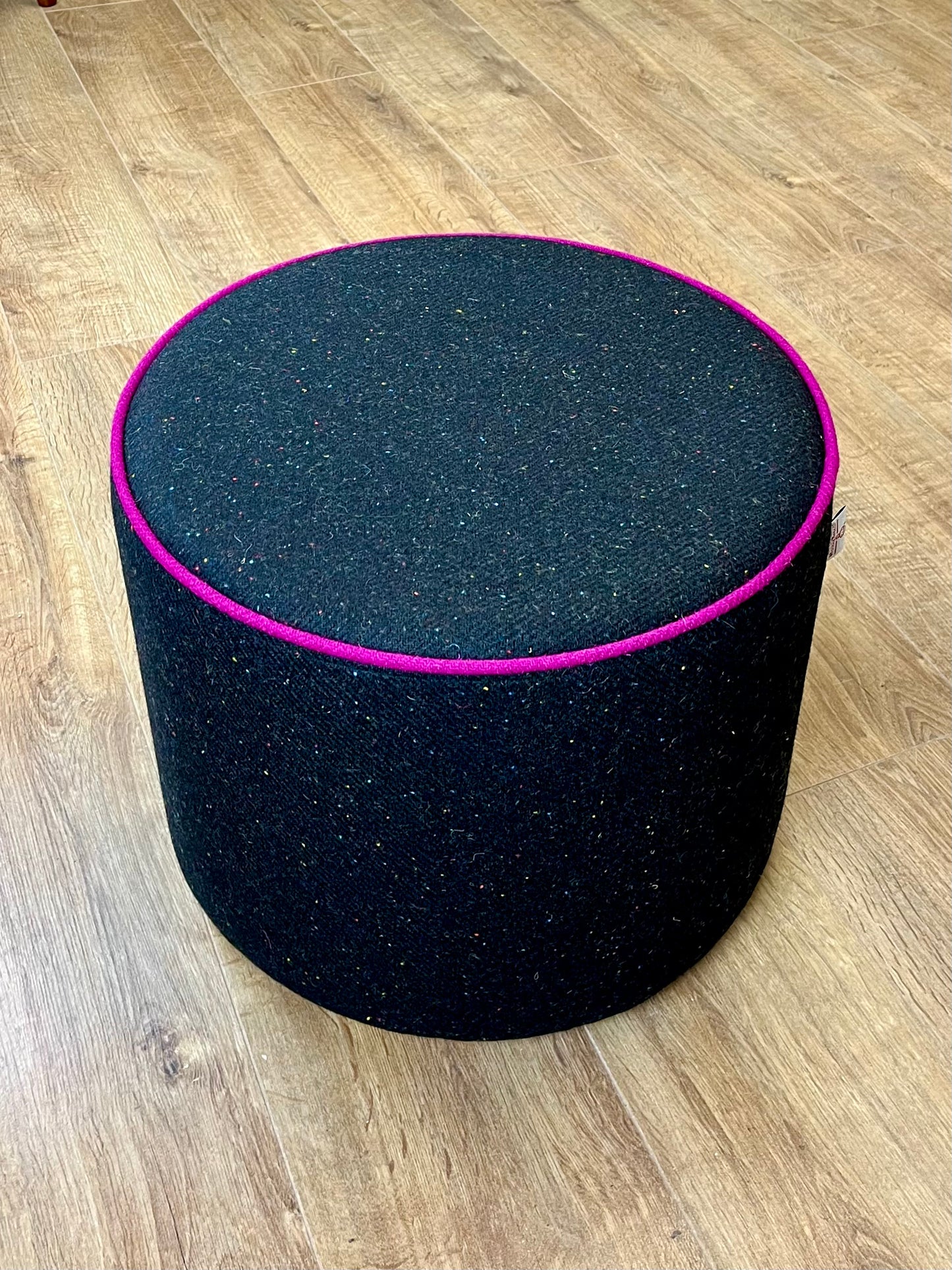 Black Speckled Harris Tweed Chunky Floating Footstool with Bright Pink Piping