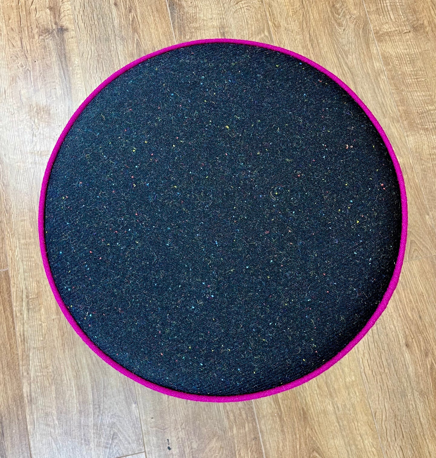 Black Speckled Harris Tweed Chunky Floating Footstool with Bright Pink Piping