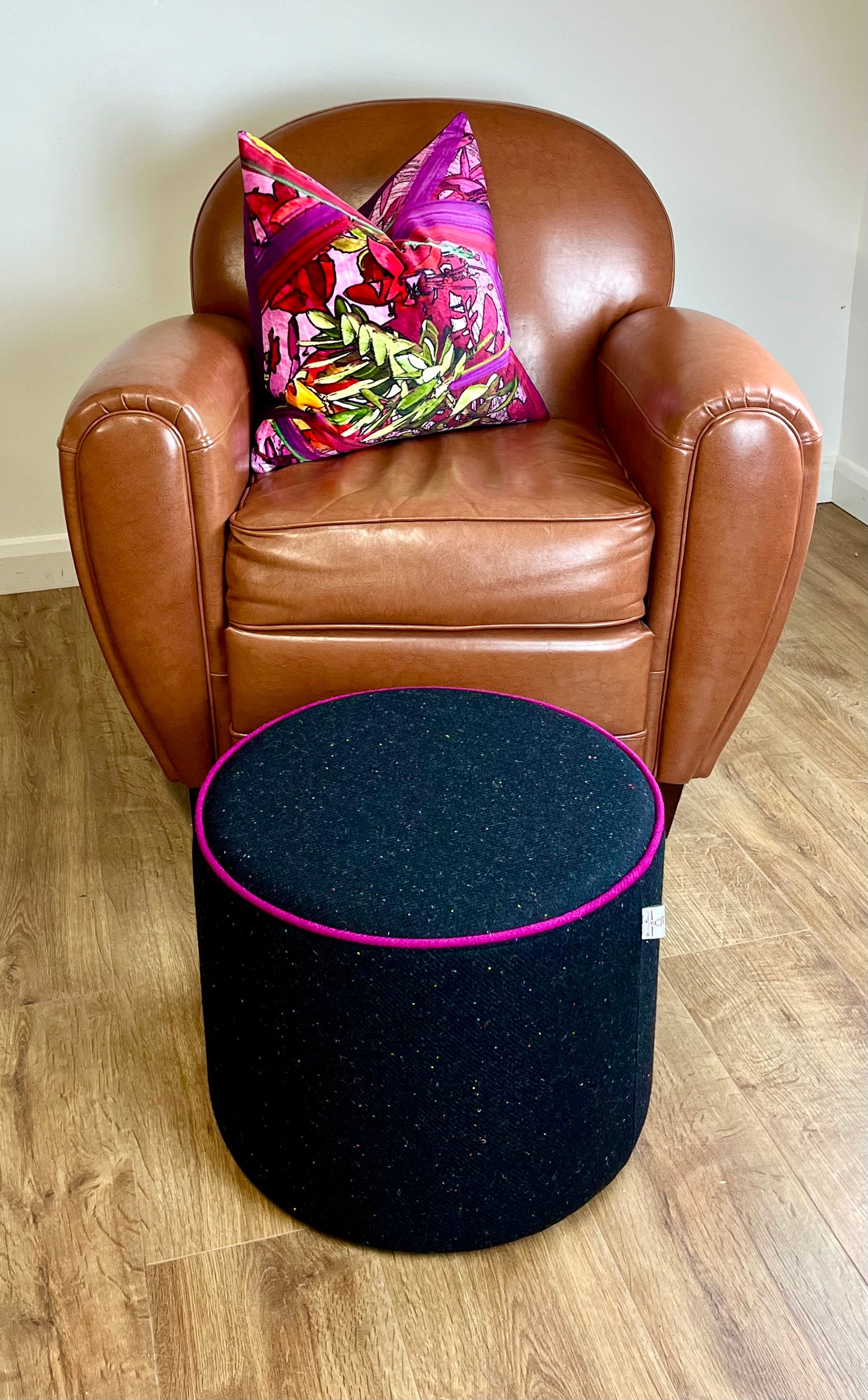 Black Speckled Harris Tweed Chunky Floating Footstool with Bright Pink Piping