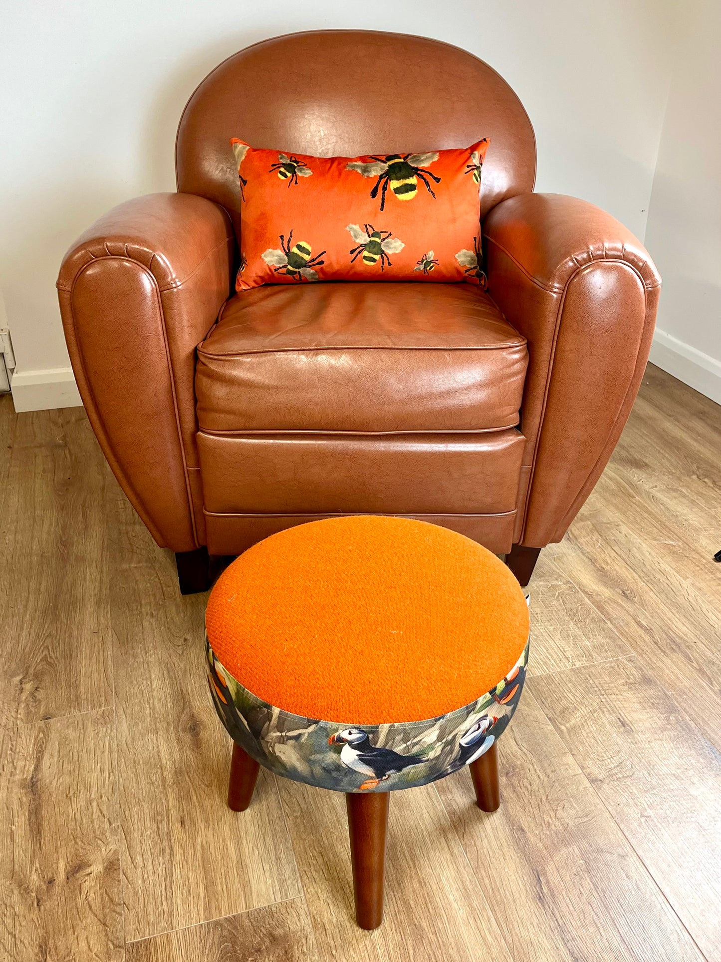 Puffin Scene and Orange Harris Tweed Footstool with Dark Varnished Wooden Legs