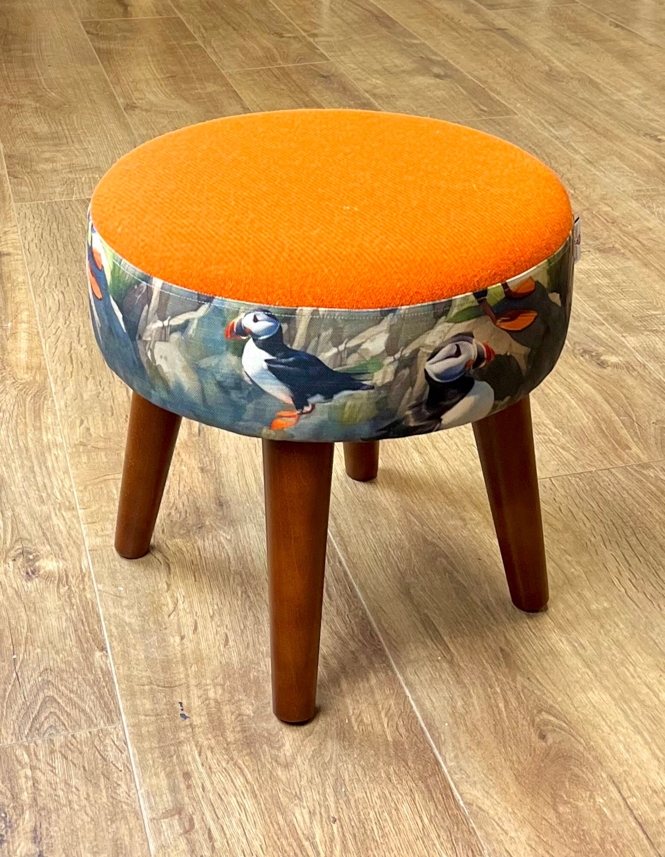 Puffin Scene and Orange Harris Tweed Footstool with Dark Varnished Wooden Legs
