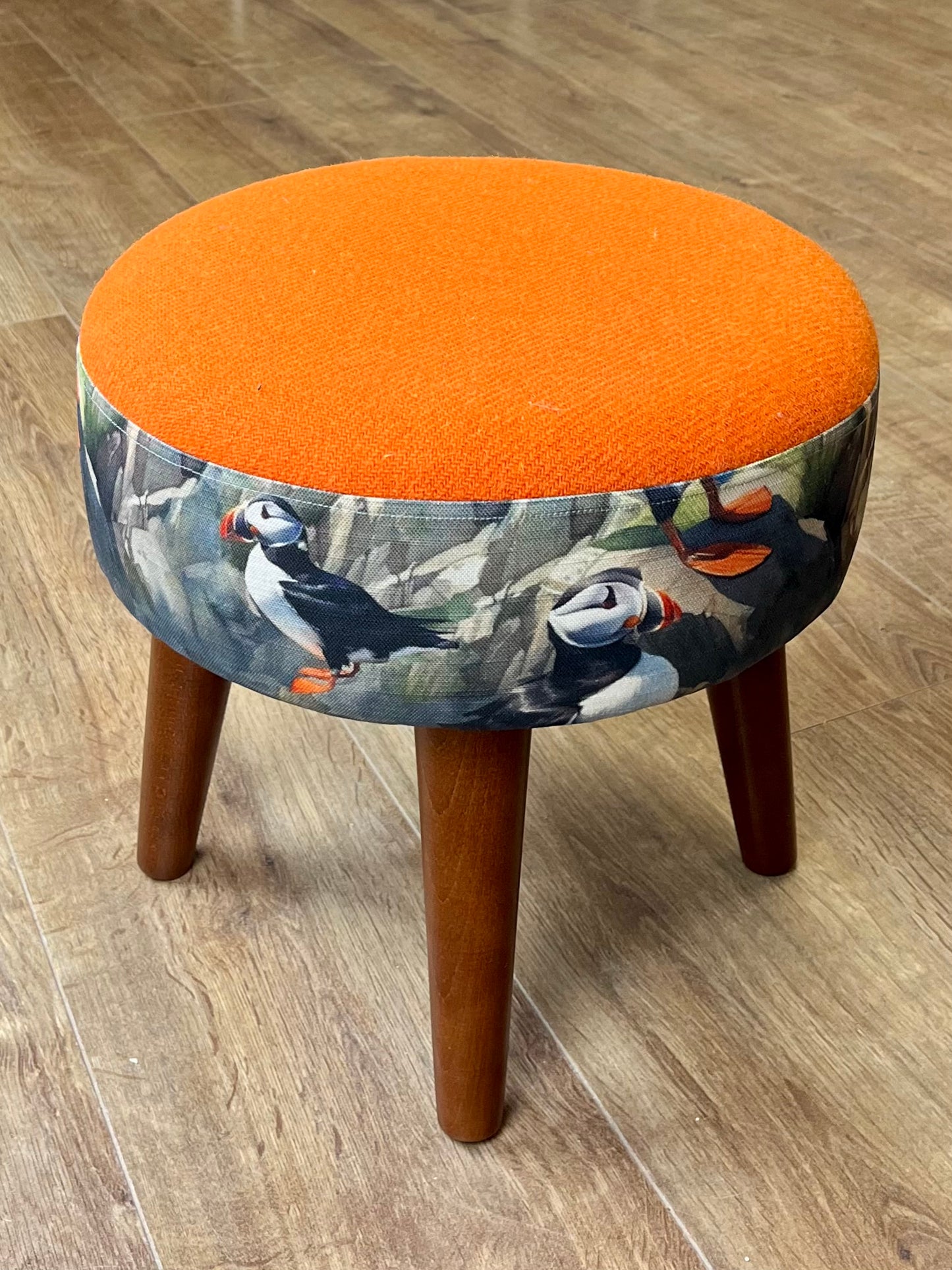 Puffin Scene and Orange Harris Tweed Footstool with Dark Varnished Wooden Legs