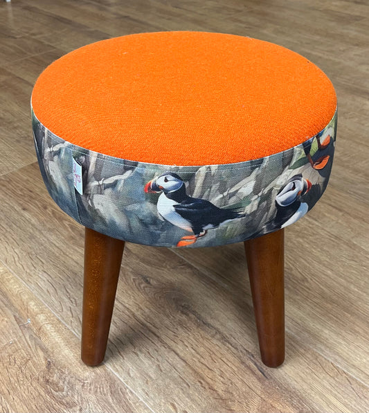 Puffin Scene and Orange Harris Tweed Footstool with Dark Varnished Wooden Legs