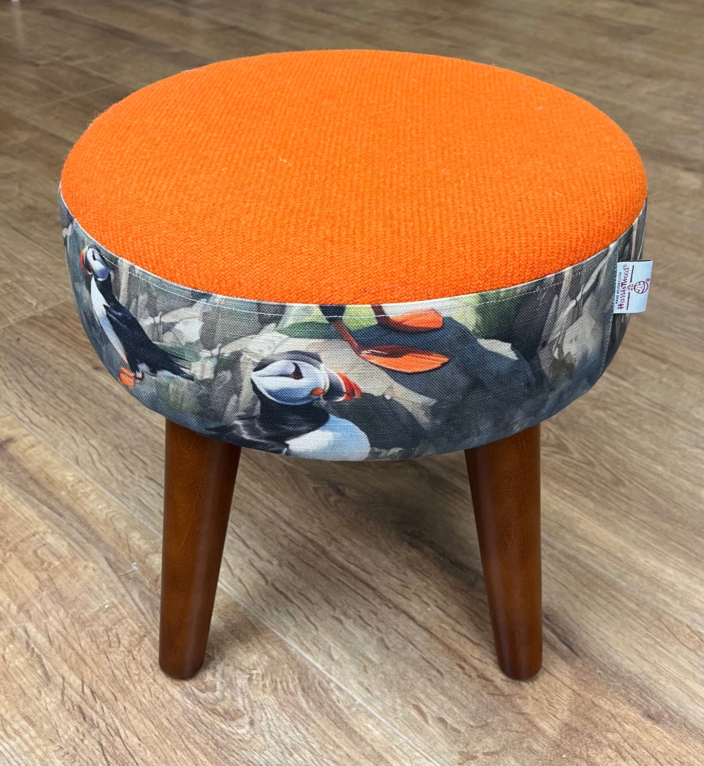 Puffin Scene and Orange Harris Tweed Footstool with Dark Varnished Wooden Legs