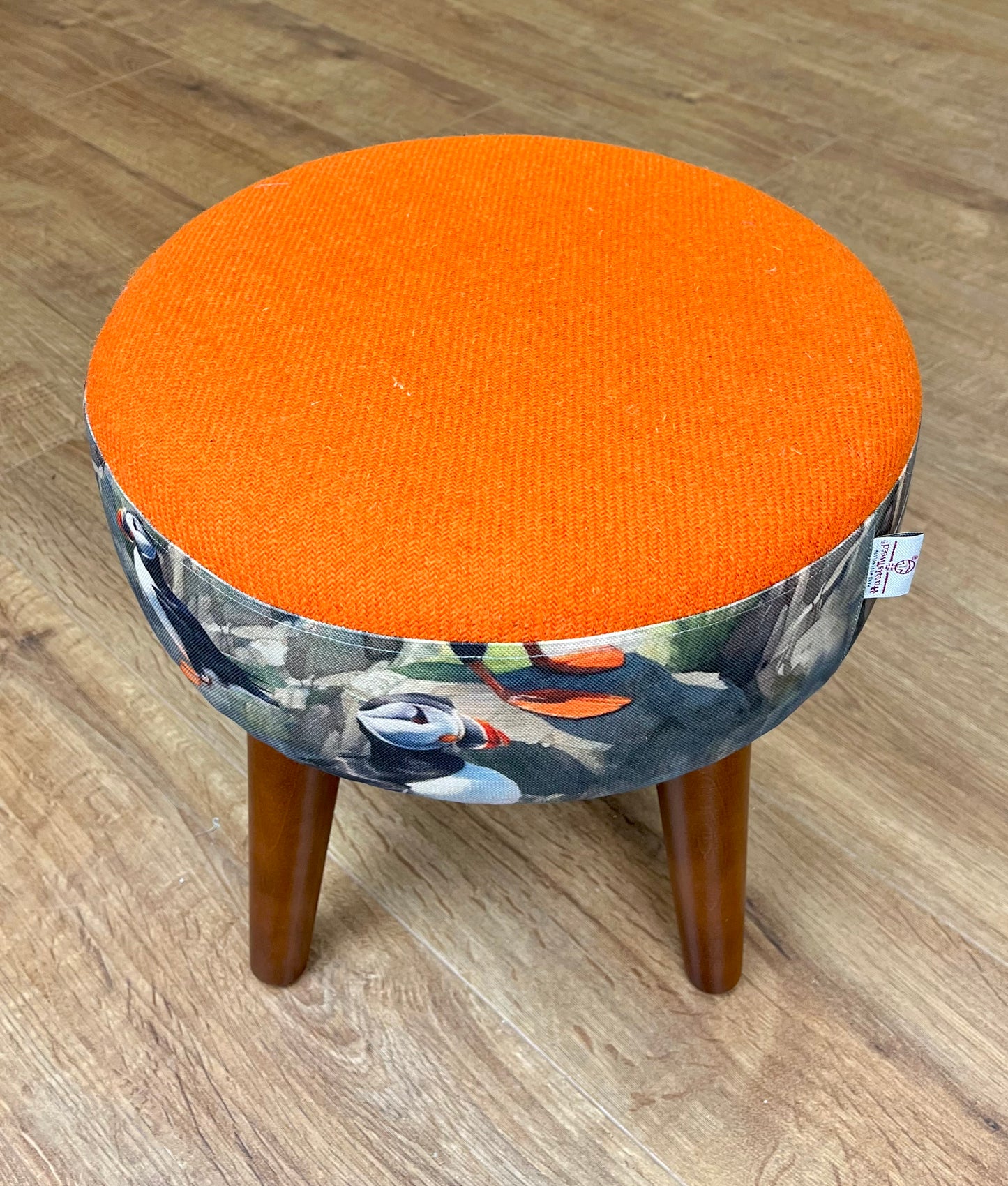 Puffin Scene and Orange Harris Tweed Footstool with Dark Varnished Wooden Legs