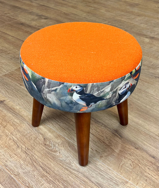 Puffin Scene and Orange Harris Tweed Footstool with Dark Varnished Wooden Legs