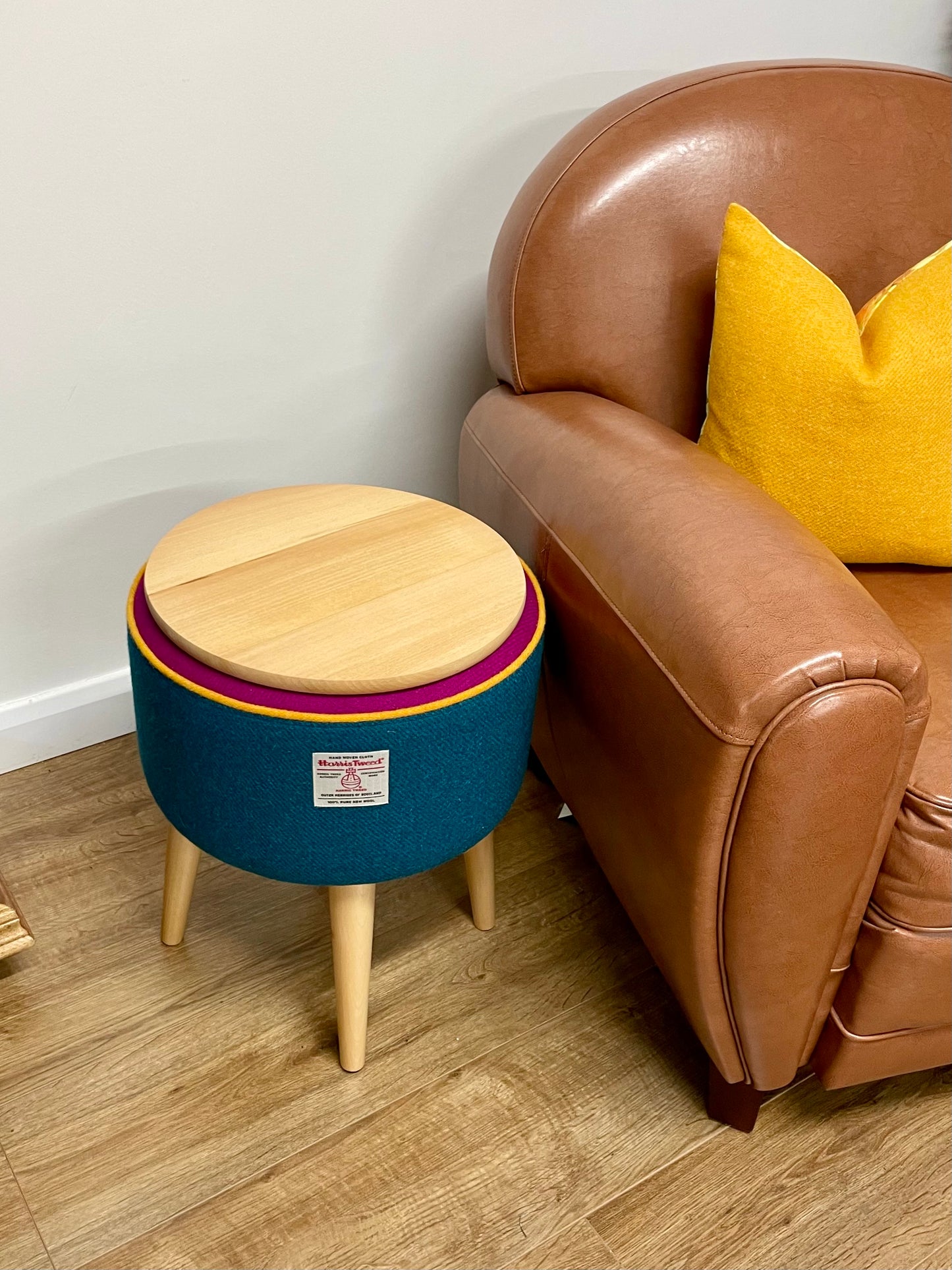 Teal and Fuchsia Harris Tweed Table Footstool with Yellow Piping and Removable Wooden Top